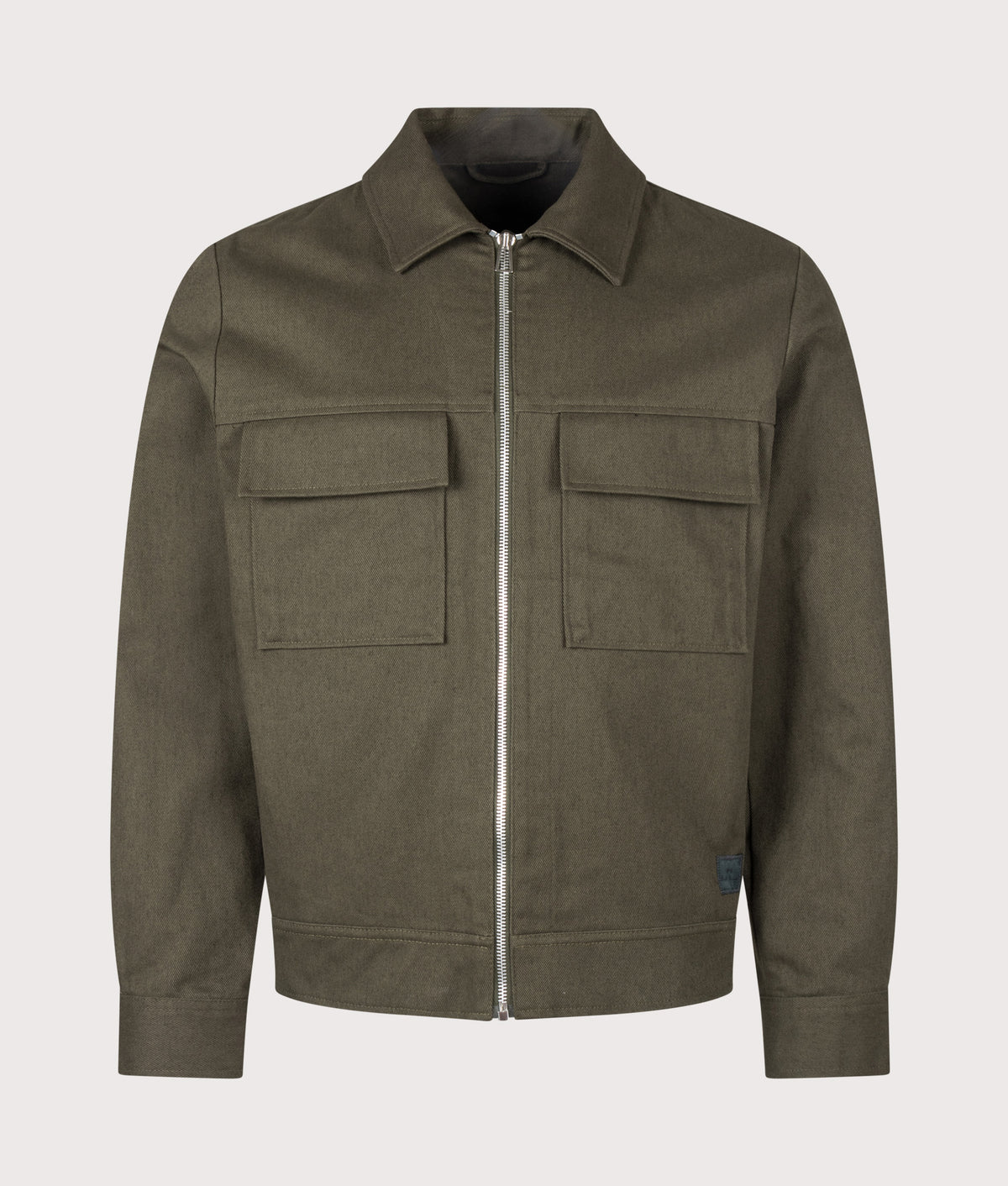 PS Paul Smith Regular Fit Cotton Twill Overshirt in Military Green at EQVVS Menswear. Front shot.