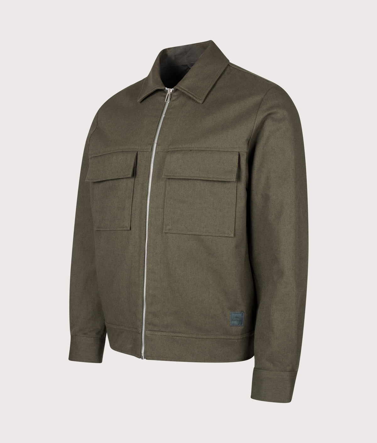 PS Paul Smith Regular Fit Cotton Twill Overshirt in Military Green at EQVVS Menswear. Angled front shot.
