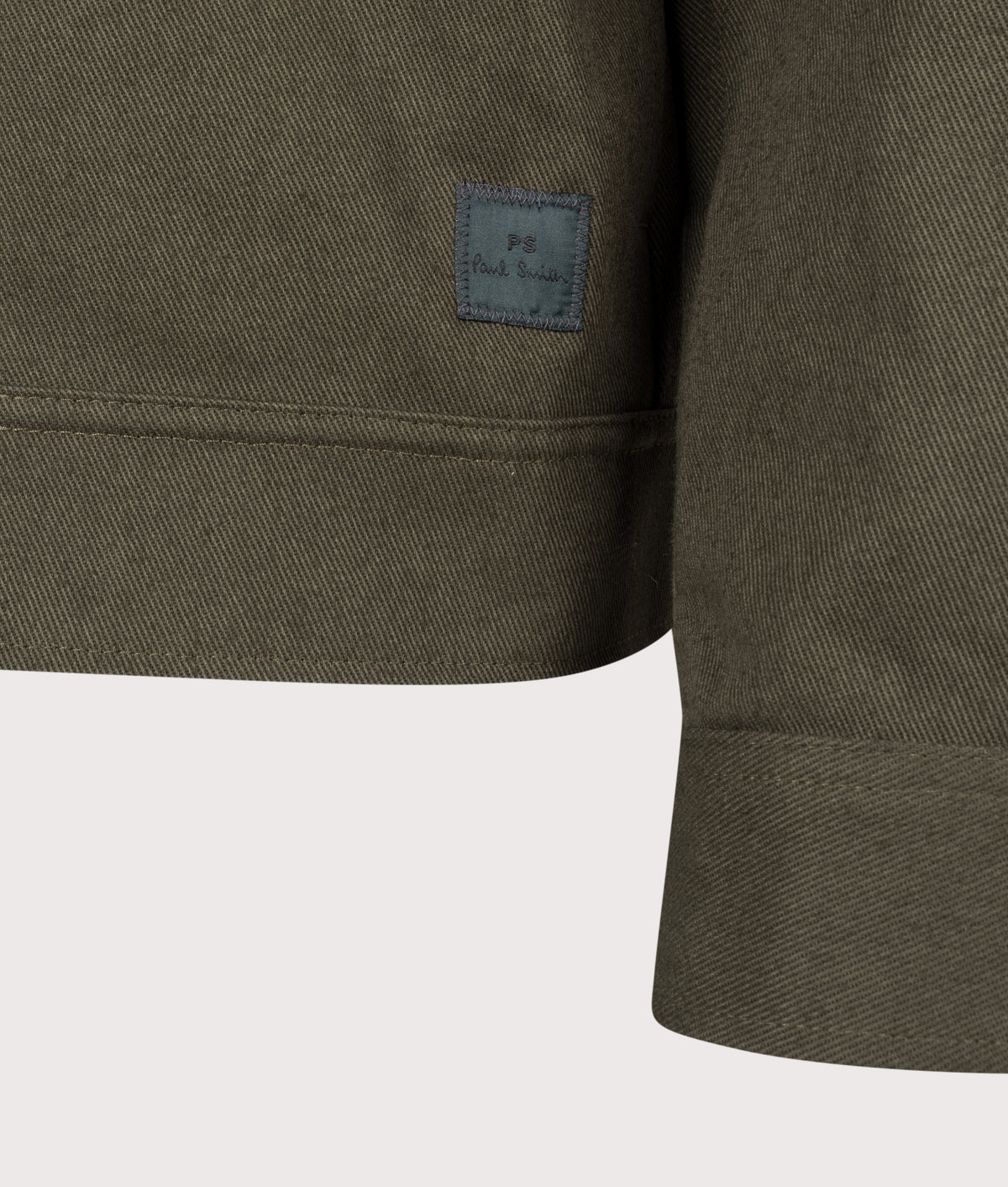 PS Paul Smith Regular Fit Cotton Twill Overshirt in Military Green at EQVVS Menswear. Detail shot.