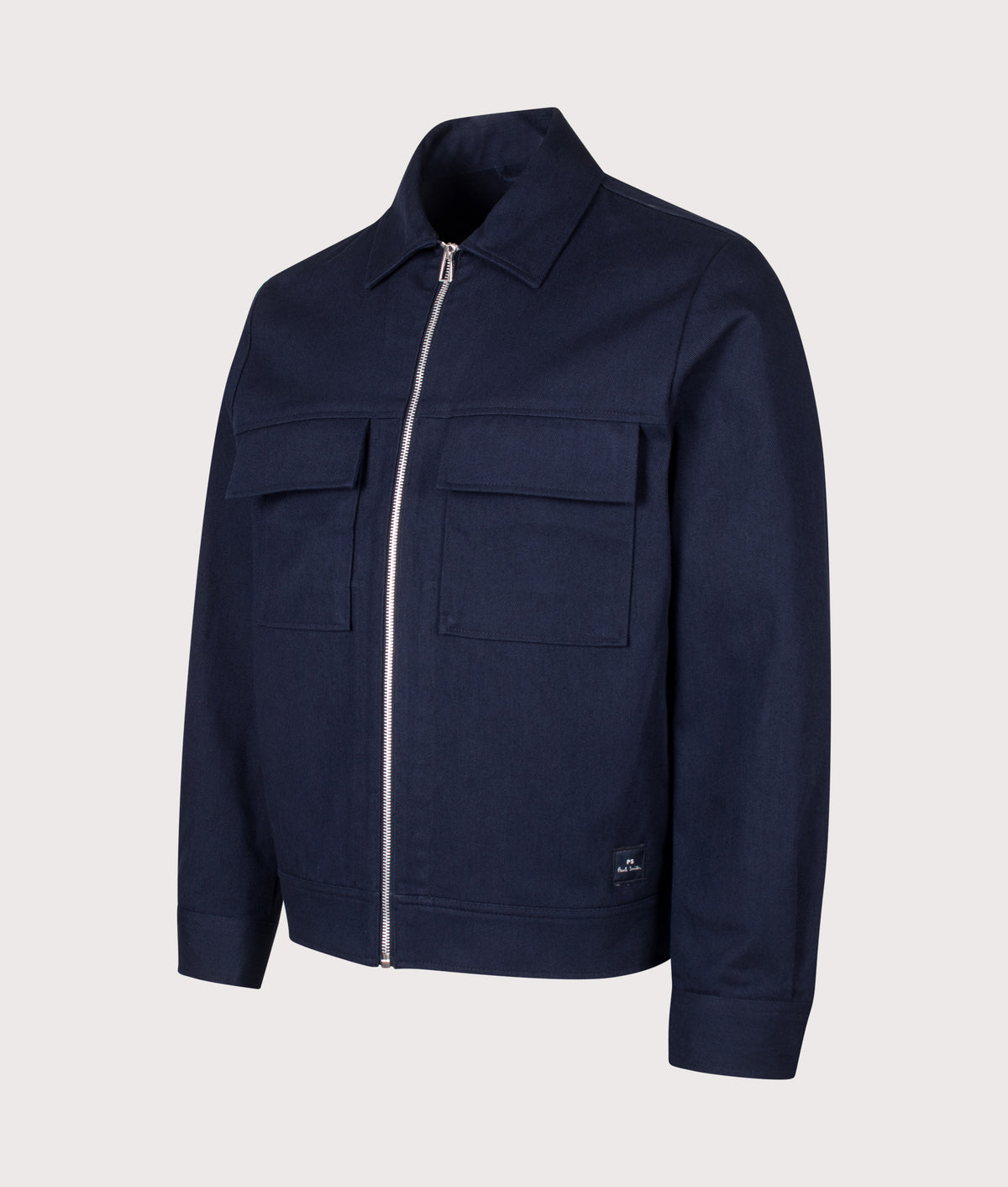 PS Paul Smith Regular Fit Cotton Twill Overshirt in Navy at EQVVS Menswear. Angled front shot.