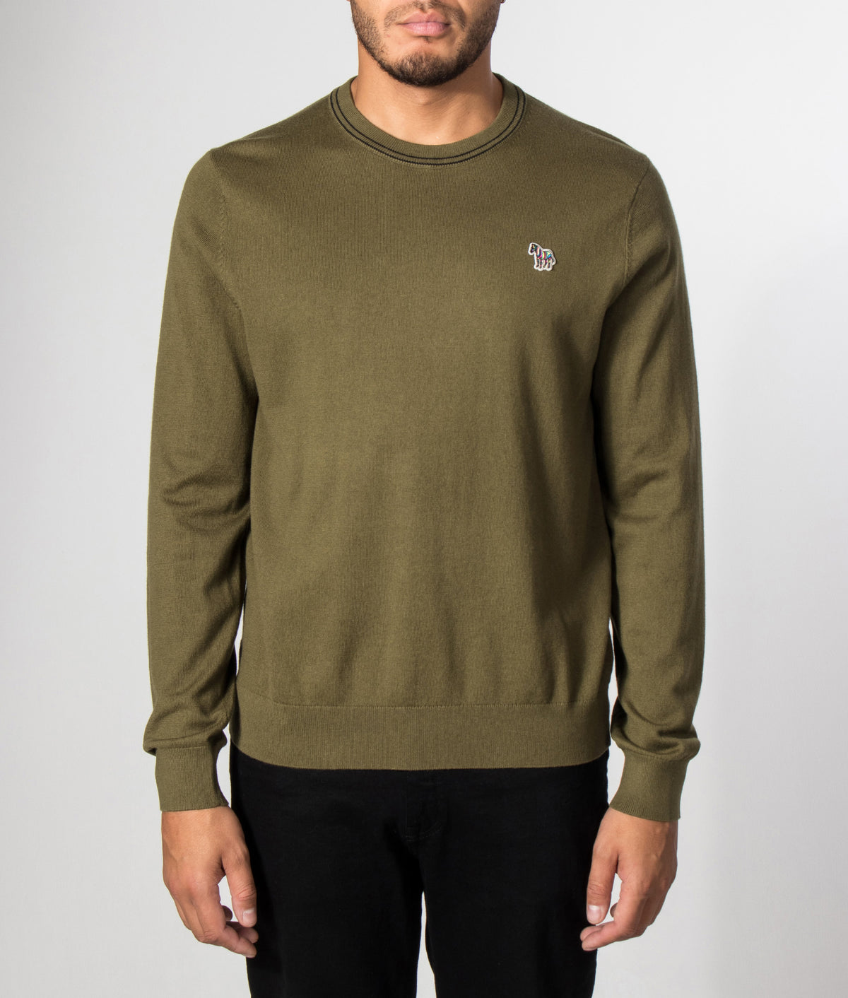PS Paul Smith Regular Fit Zebra Logo Crewneck jumper in Military Green at EQVVS Menswear. Model front shot.