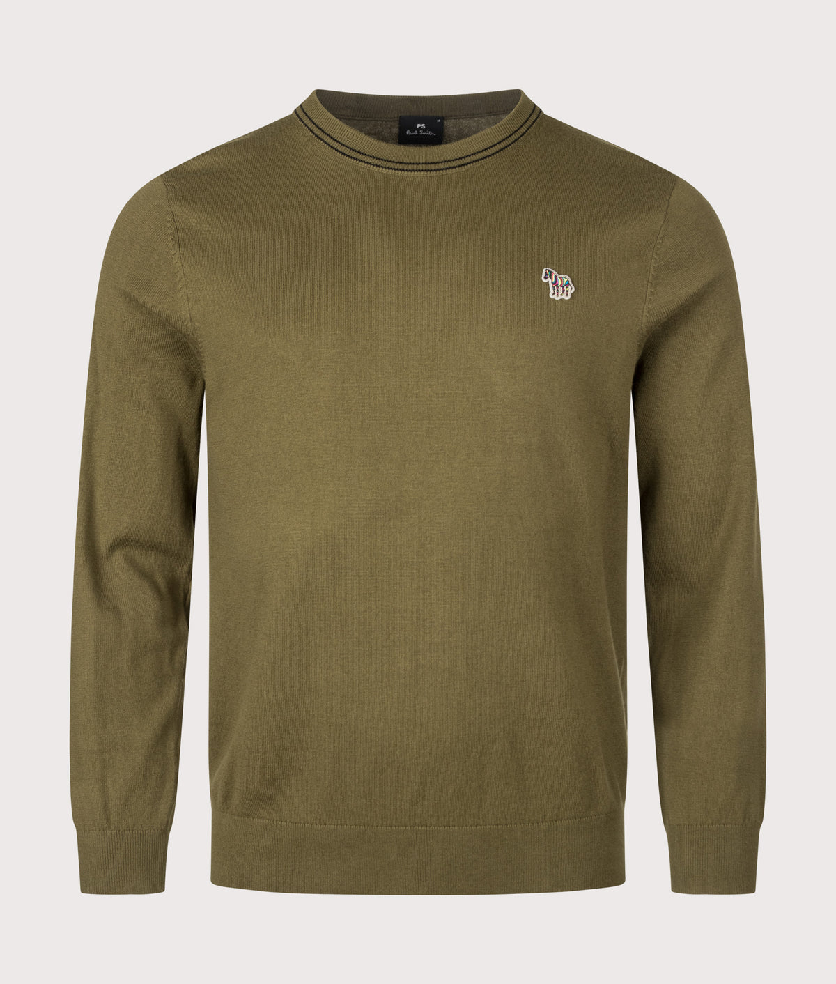 PS Paul Smith Regular Fit Zebra Logo Crewneck jumper in Military Green at EQVVS Menswear. Front shot.