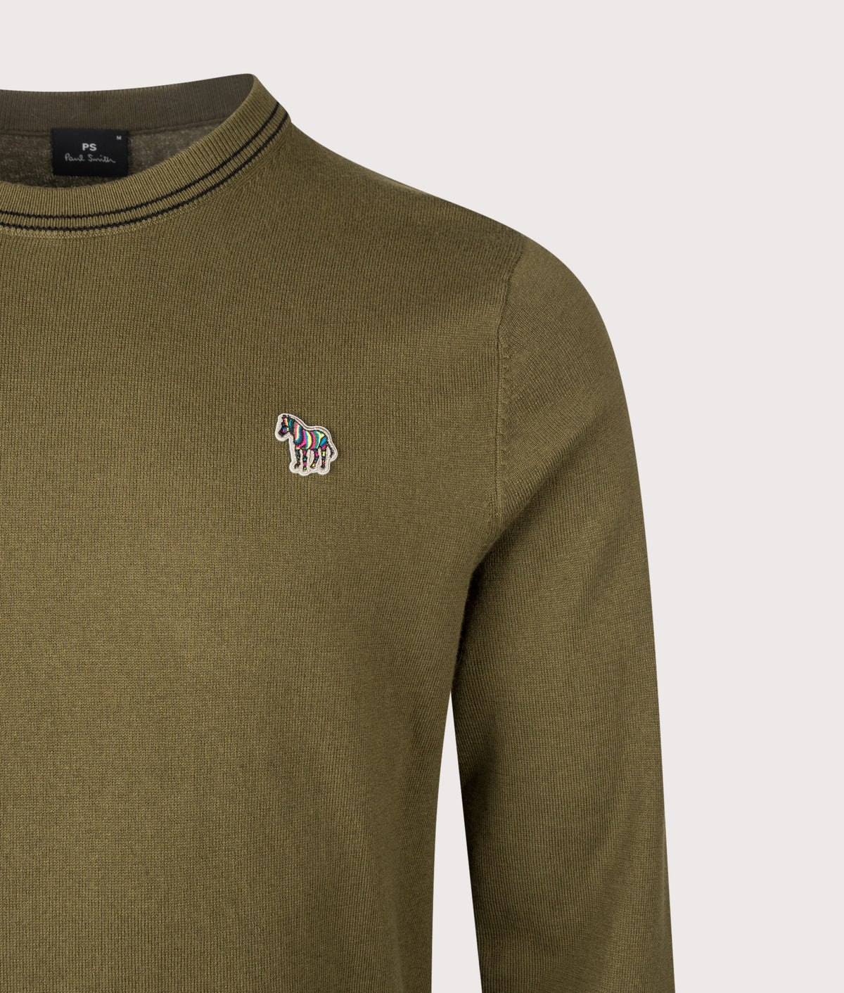 PS Paul Smith Regular Fit Zebra Logo Crewneck jumper in Military Green at EQVVS Menswear. Detail shot.