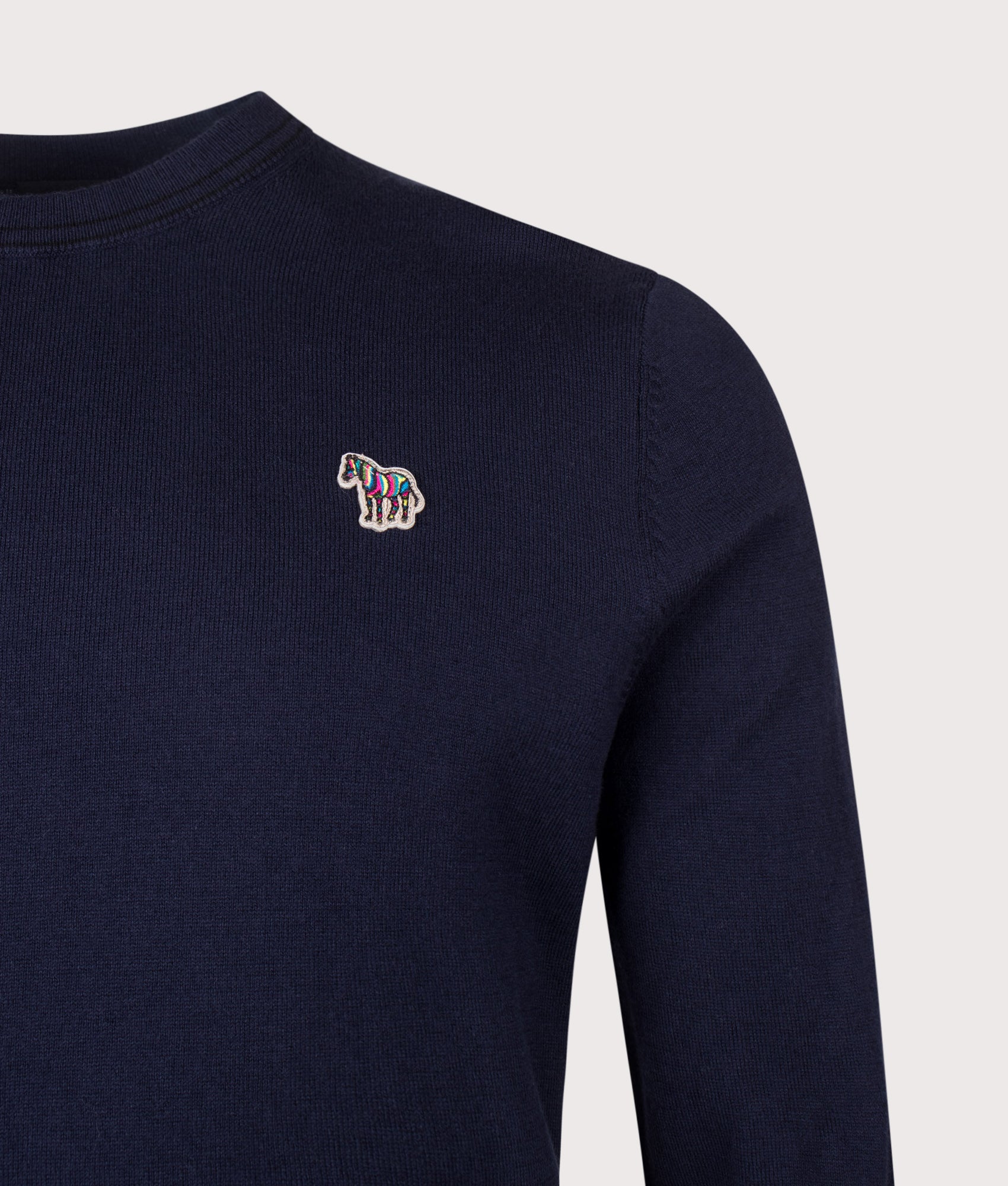 PS Paul Smith Regular Fit Zebra Logo Crewneck jumper in Very Dark Navy at EQVVS Menswear. Detail shot.