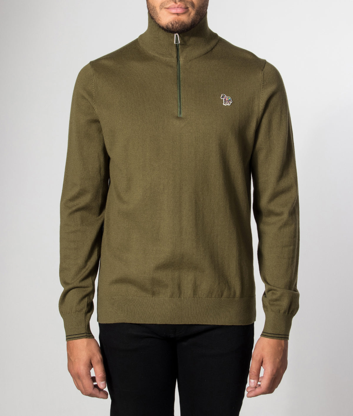 PS Paul Smith Regular Fit Zebra Logo Quarter Zip Jumper in Military Green at EQVVS Menswear. Model front shot.