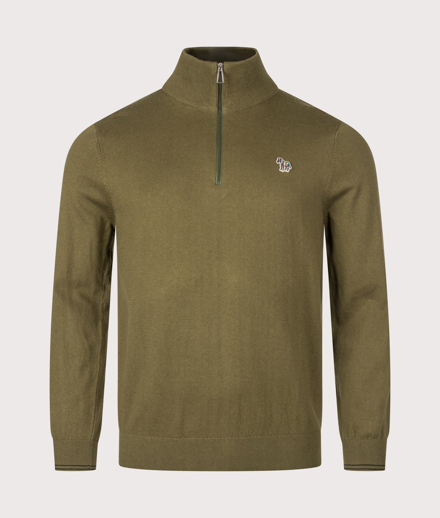 PS Paul Smith Regular Fit Zebra Logo Quarter Zip Jumper in Military Green at EQVVS Menswear. Front shot.