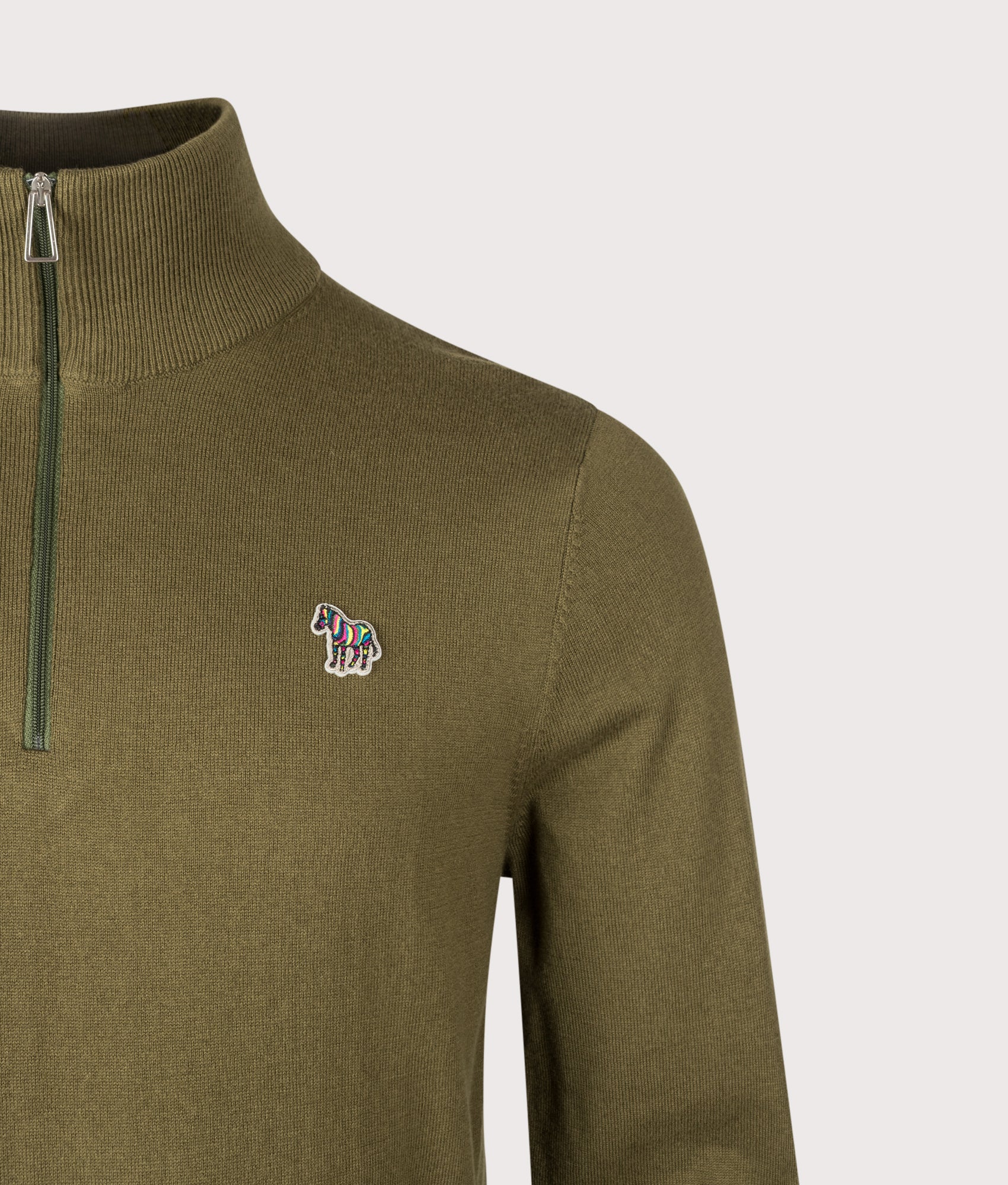 PS Paul Smith Regular Fit Zebra Logo Quarter Zip Jumper in Military Green at EQVVS Menswear. Detail shot.