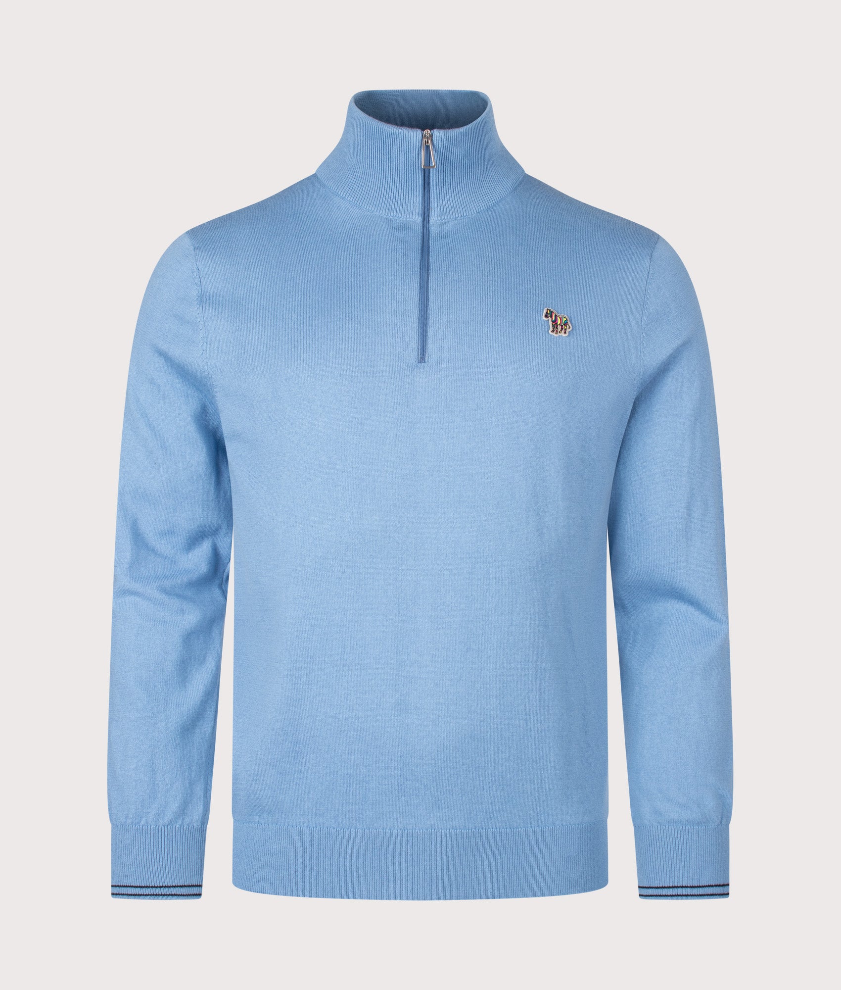 PS Paul Smith Regular Fit Zebra Logo Quarter Zip Jumper in Light Blue at EQVVS Menswear. Front shot.