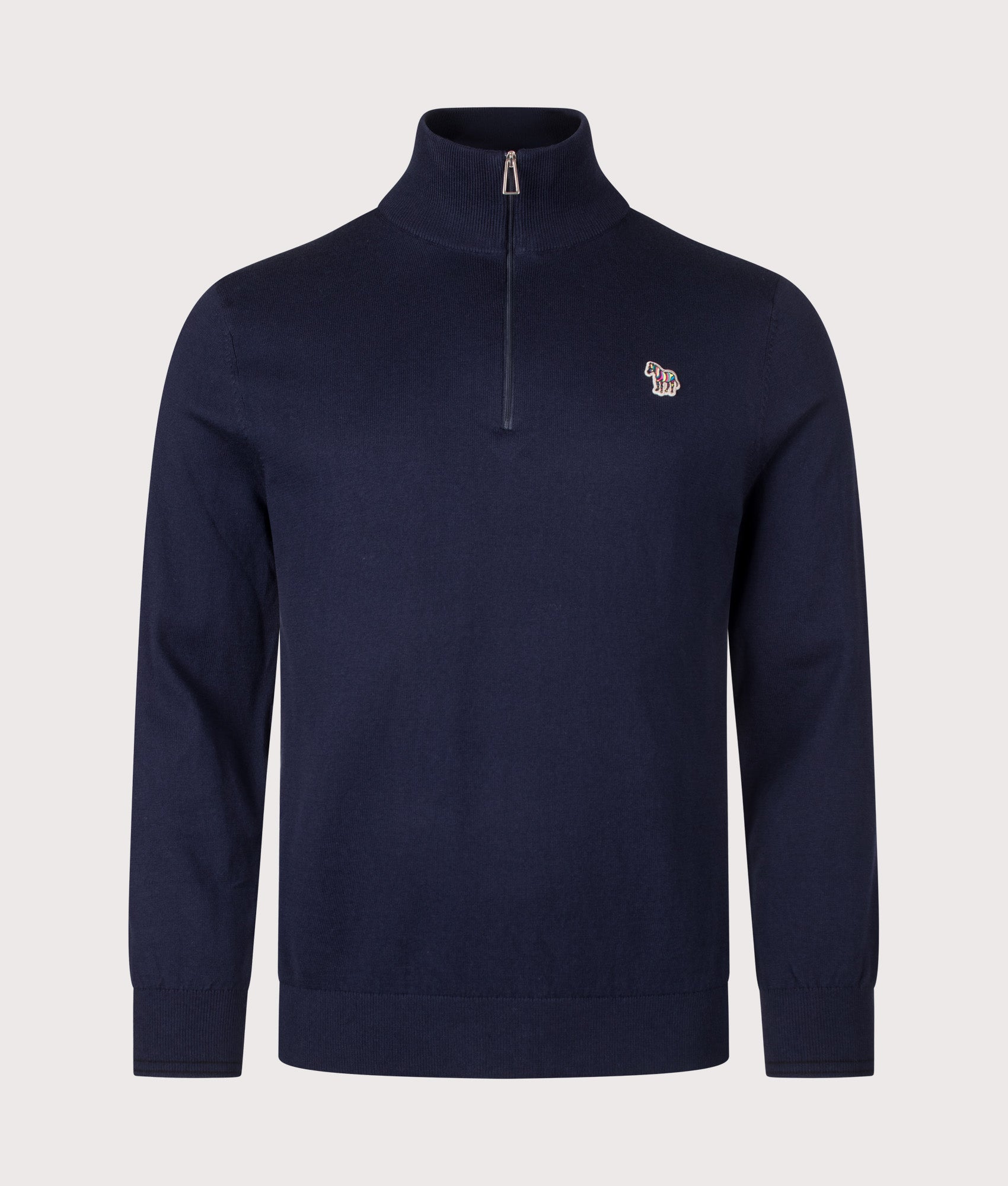 PS Paul Smith Regular Fit Zebra Logo Quarter Zip Jumper in Very Dark Navy at EQVVS Menswear. Front shot.