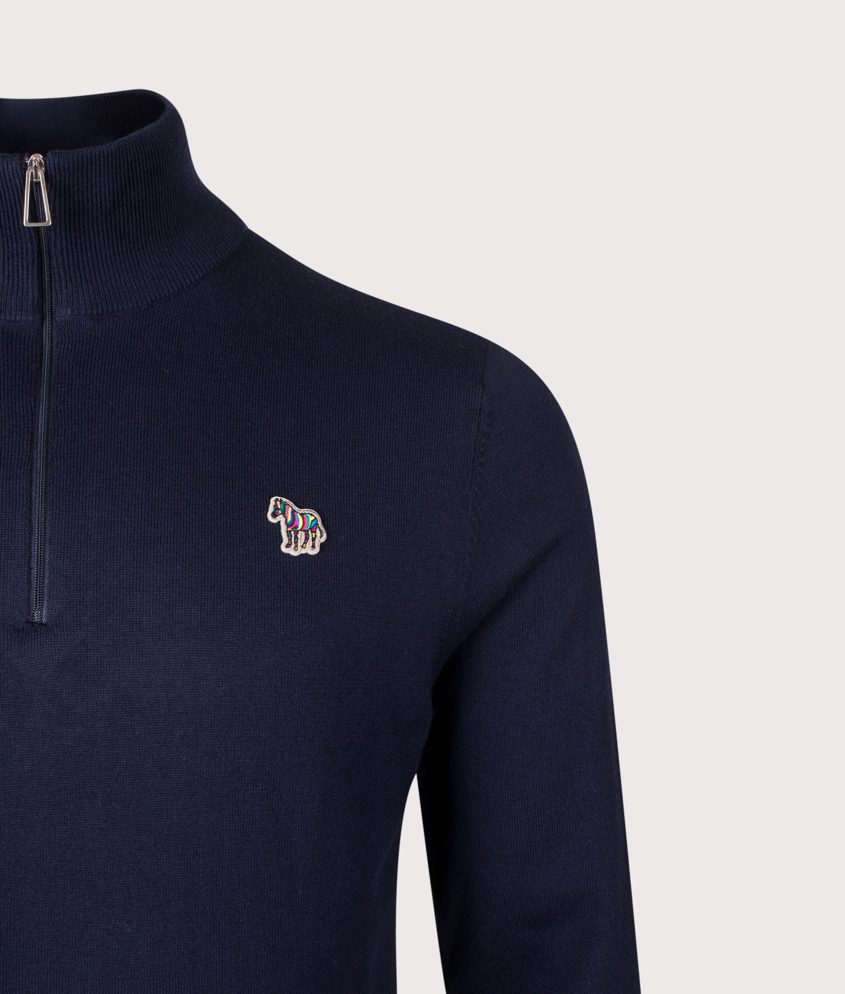 PS Paul Smith Regular Fit Zebra Logo Quarter Zip Jumper in Very Dark Navy at EQVVS Menswear. Detail shot.