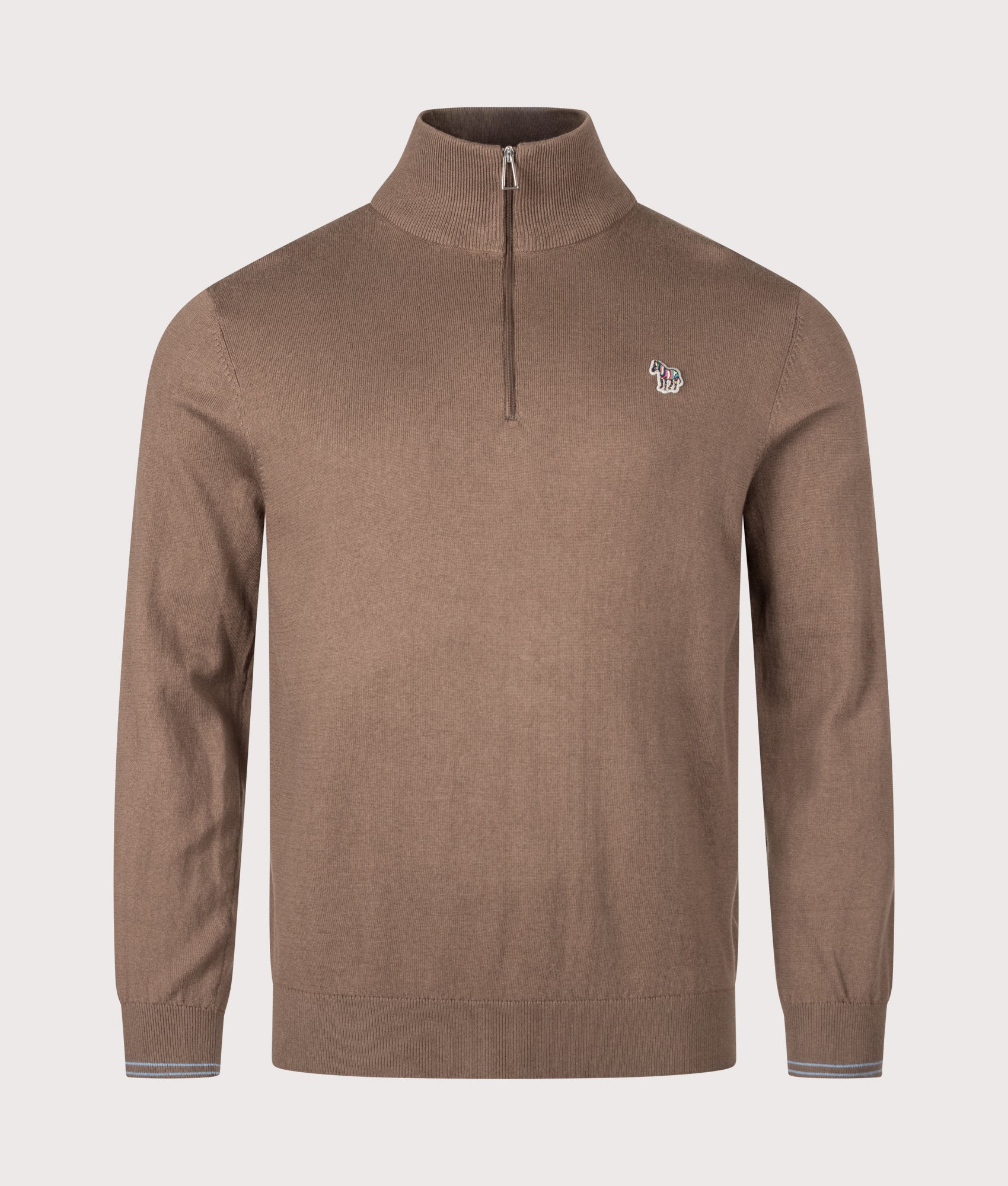 PS Paul Smith Regular Fit Zebra Logo Quarter Zip Jumper in Mud at EQVVS Menswear. Front shot.
