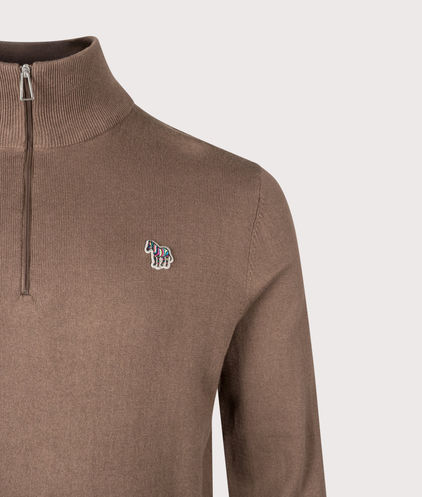 PS Paul Smith Regular Fit Zebra Logo Quarter Zip Jumper in Mud at EQVVS Menswear. Detail shot.