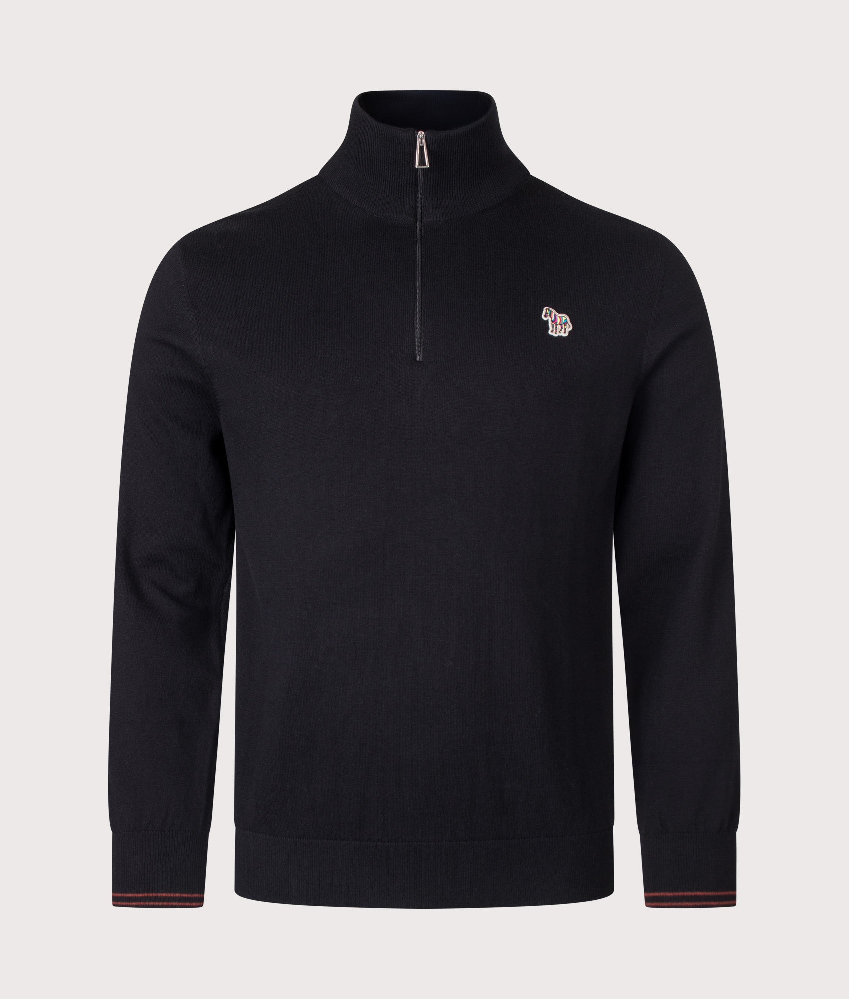 PS Paul Smith Regular Fit Zebra Logo Quarter Zip Jumper in Black at EQVVS Menswear. Front shot.