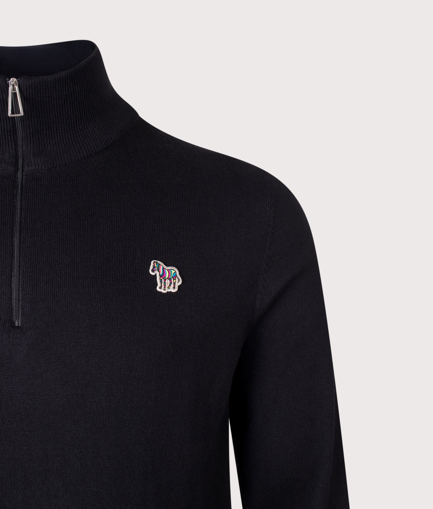PS Paul Smith Regular Fit Zebra Logo Quarter Zip Jumper in Black at EQVVS Menswear. Detail shot.