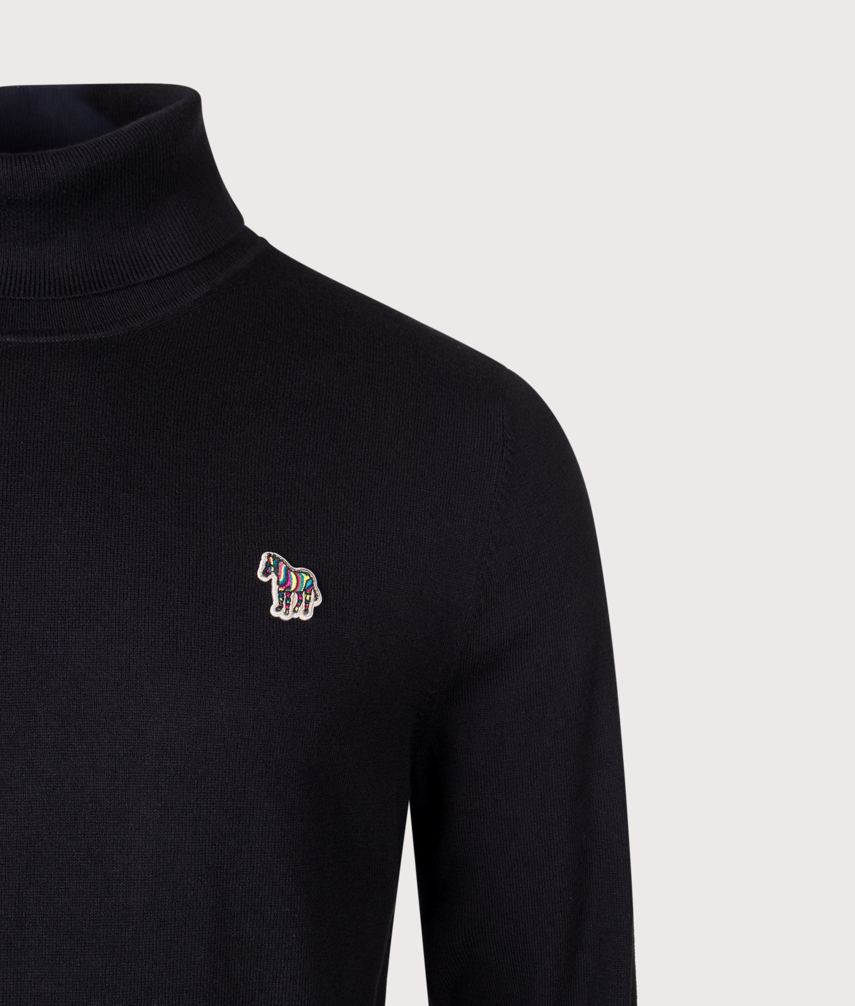 PS Paul Smith Regular Fit Roll Neck Jumper in Black at EQVVS Menswear. Detail shot.
