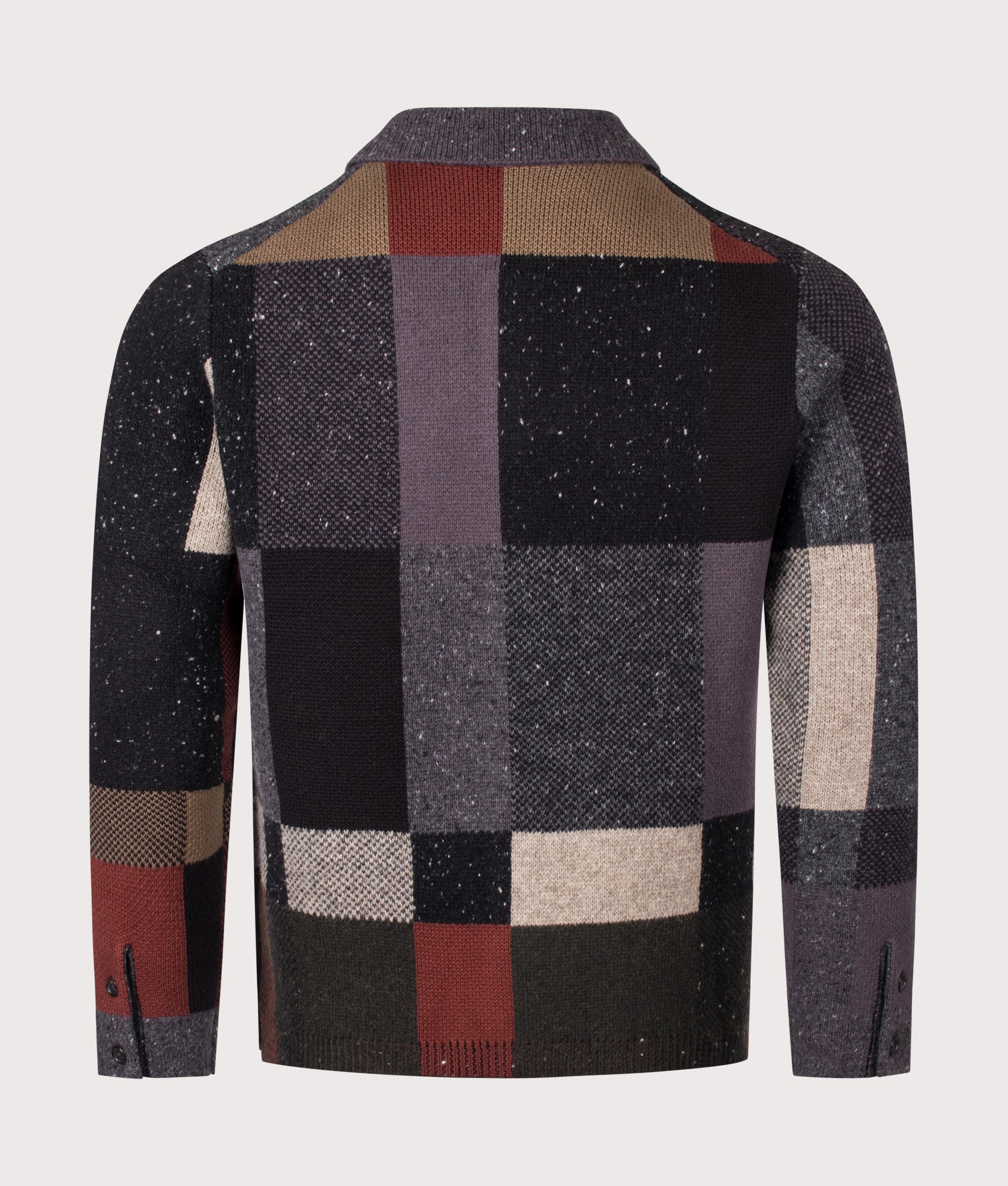 PS Paul Smith Regular Fit Pebbles Check Wool-Blend Cardigan in Black at EQVVS Menswear. Back shot.