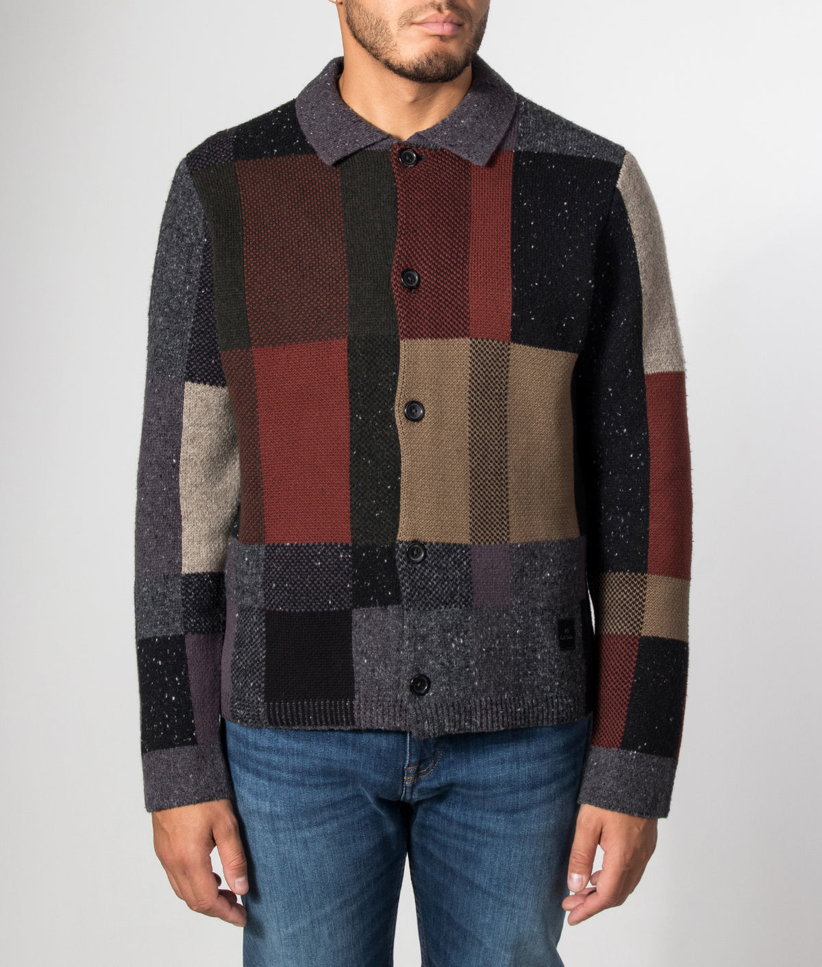 PS Paul Smith Regular Fit Pebbles Check Wool-Blend Cardigan in Black at EQVVS Menswear. Model front shot.