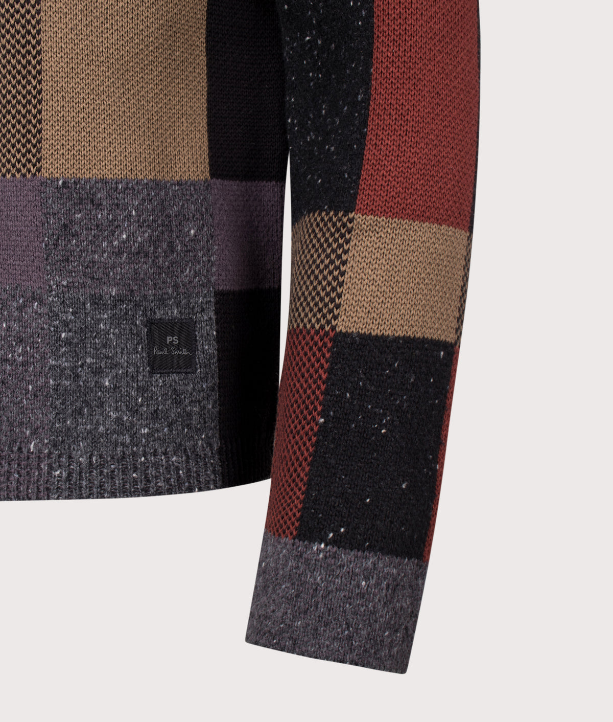 PS Paul Smith Regular Fit Pebbles Check Wool-Blend Cardigan in Black at EQVVS Menswear. Detail shot.