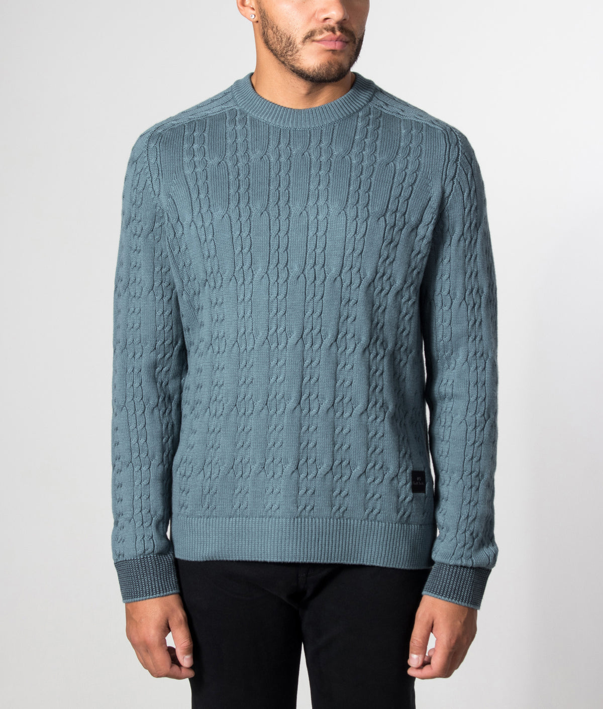 PS Paul Smith Cable Knit Jumper in Greyish Blue at EQVVS Menswear. Model front shot.