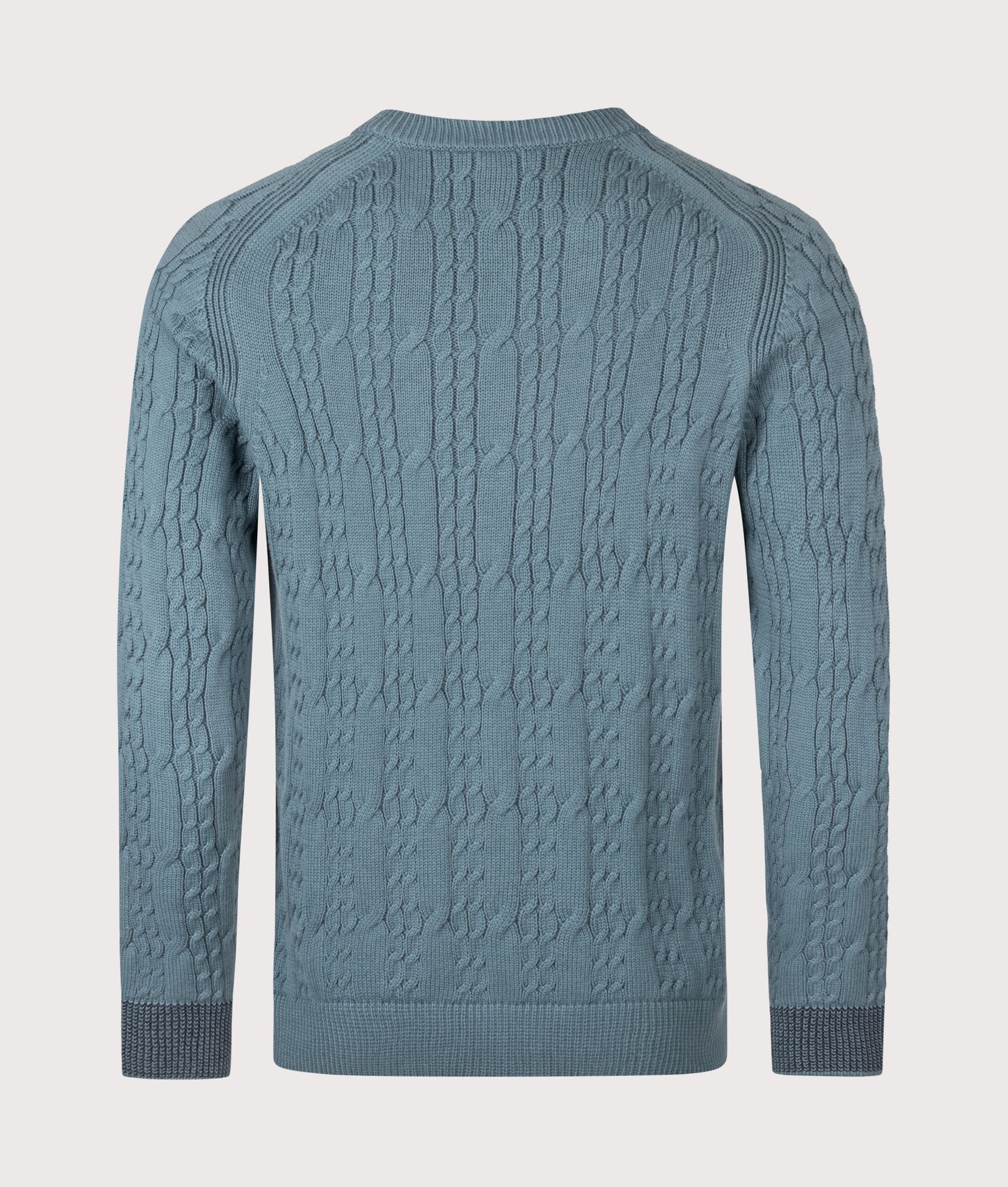 PS Paul Smith Cable Knit Jumper in Greyish Blue at EQVVS Menswear. Back shot.