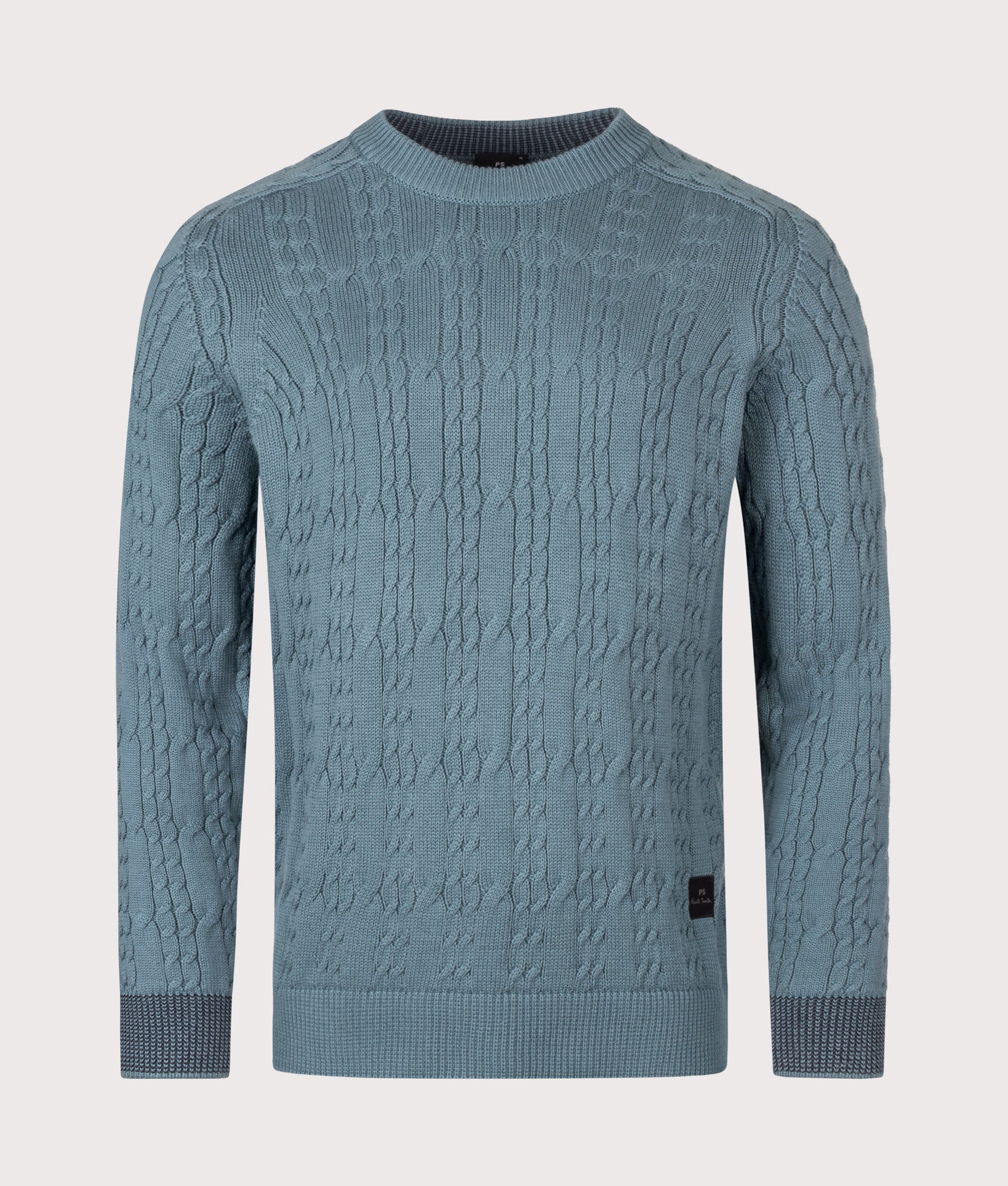 PS Paul Smith Cable Knit Jumper in Greyish Blue at EQVVS Menswear. Front shot.