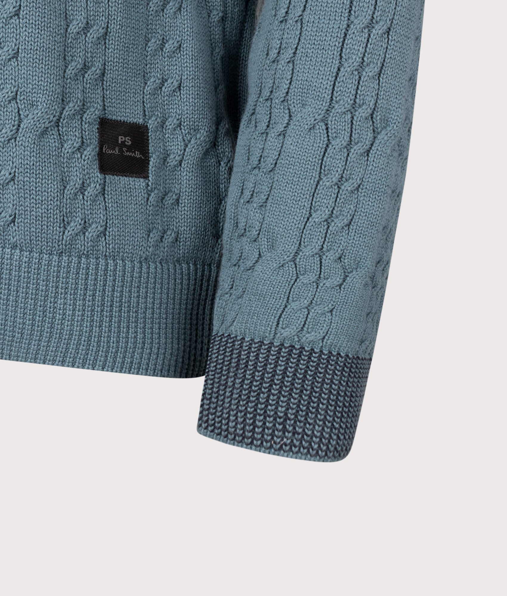 PS Paul Smith Cable Knit Jumper in Greyish Blue at EQVVS Menswear. Detail shot.