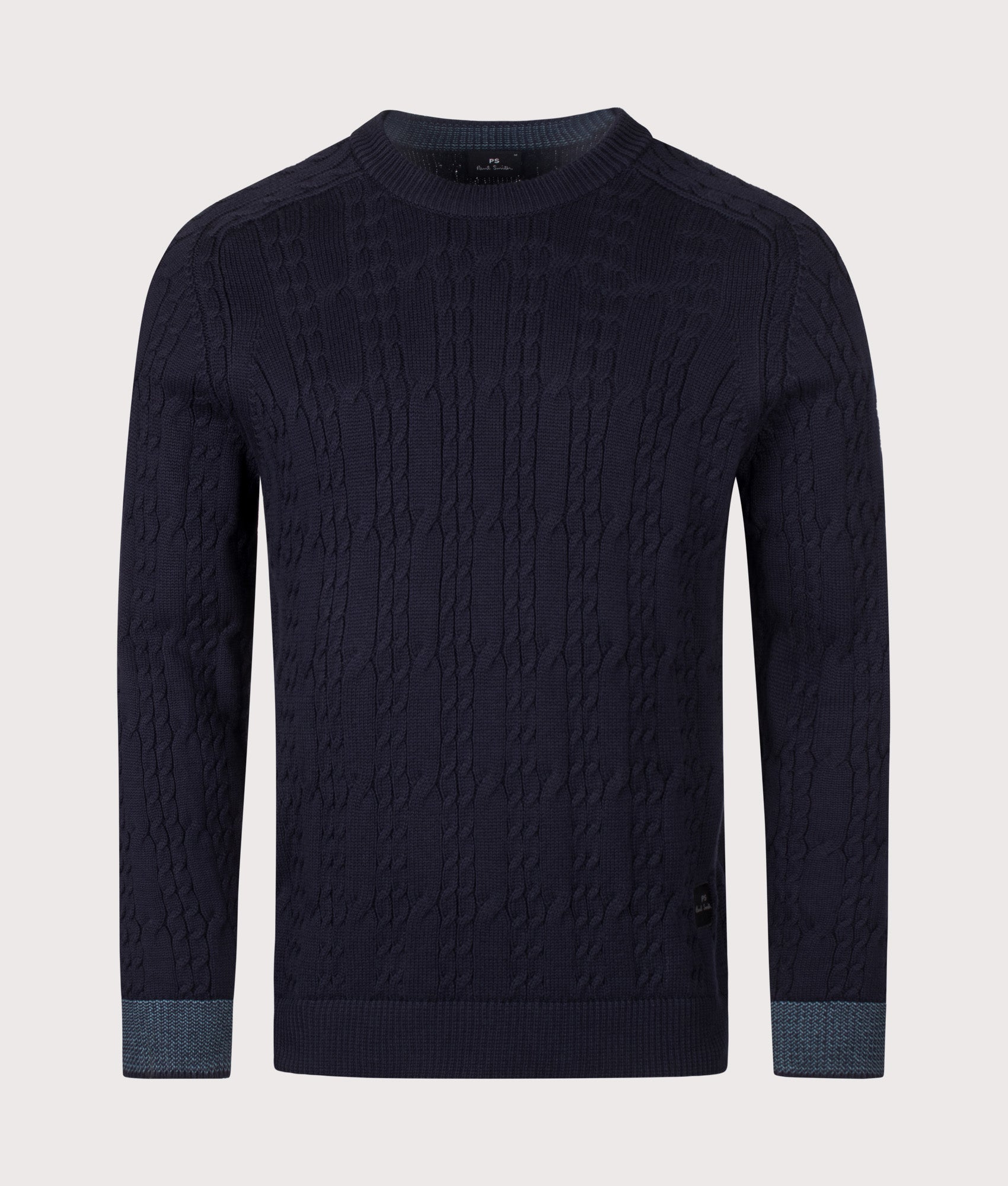 PS Paul Smith Cable Knit Jumper in Very Dark Navy at EQVVS Menswear. Front shot.