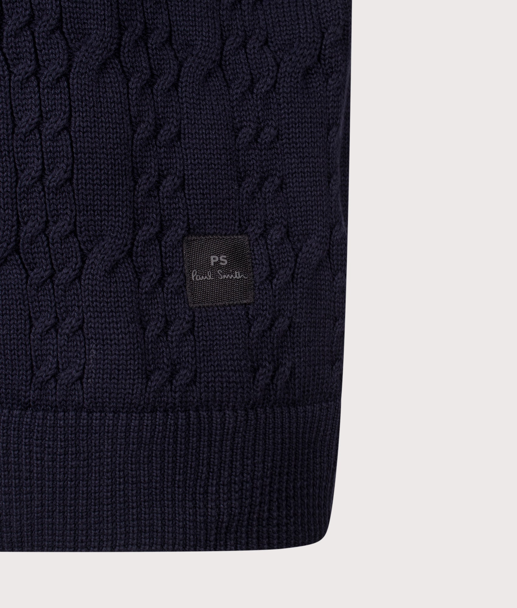 PS Paul Smith Cable Knit Jumper in Very Dark Navy at EQVVS Menswear. Detail shot.