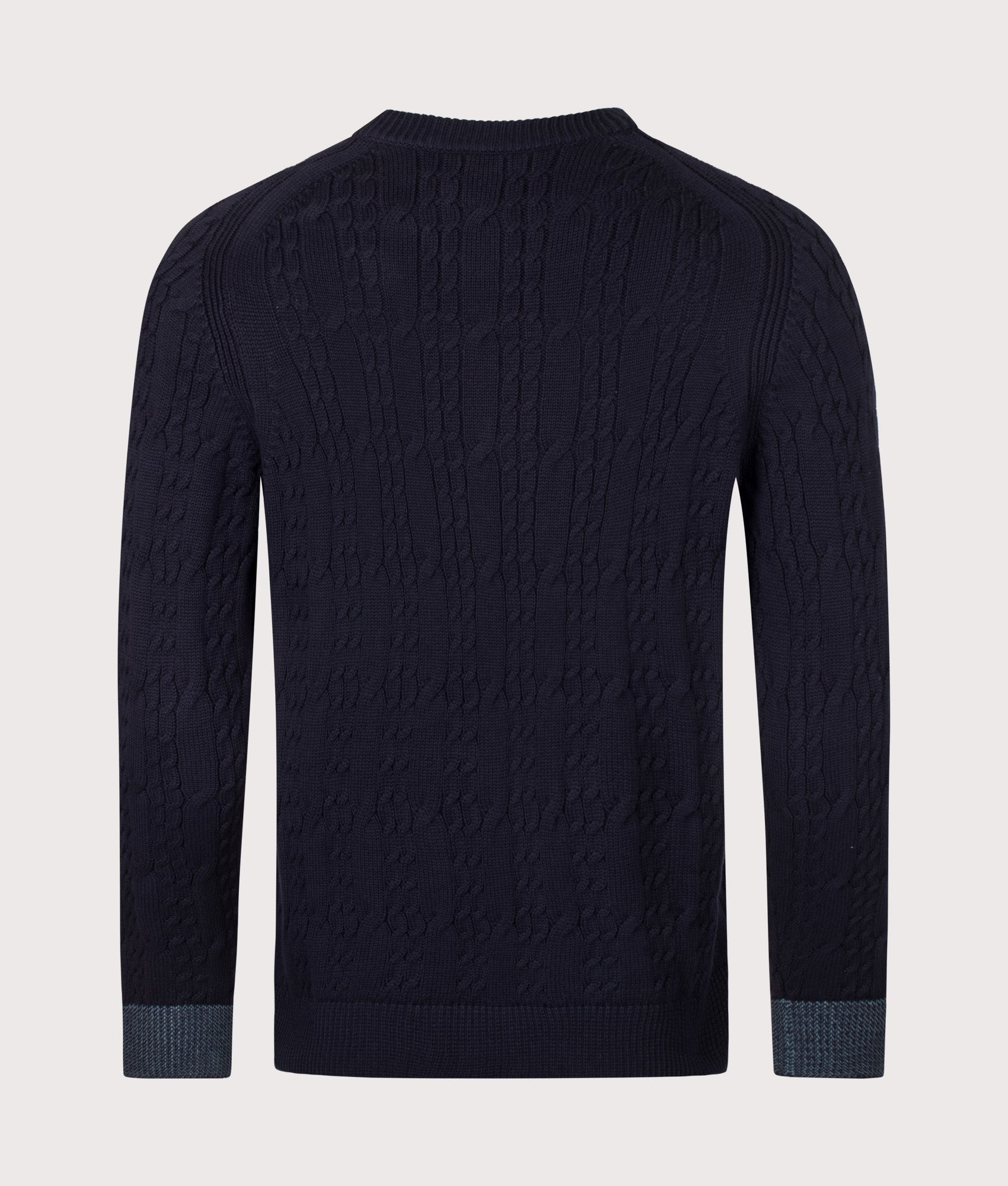 PS Paul Smith Cable Knit Jumper in Very Dark Navy at EQVVS Menswear. Back shot.