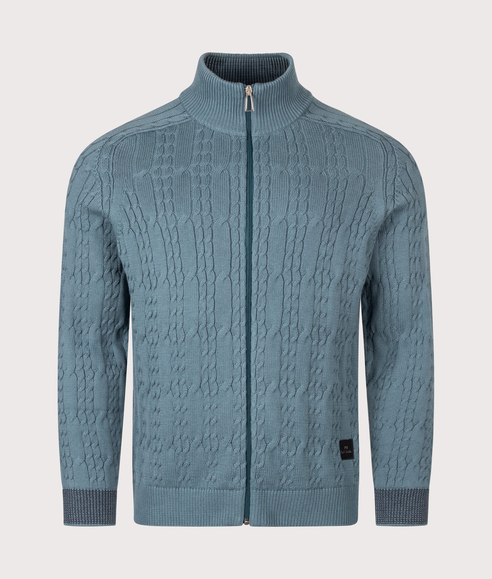 PS Paul Smith Cable Knit Zip Through Cardigan in Greyish Blue at EQVVS Menswear. Front shot.