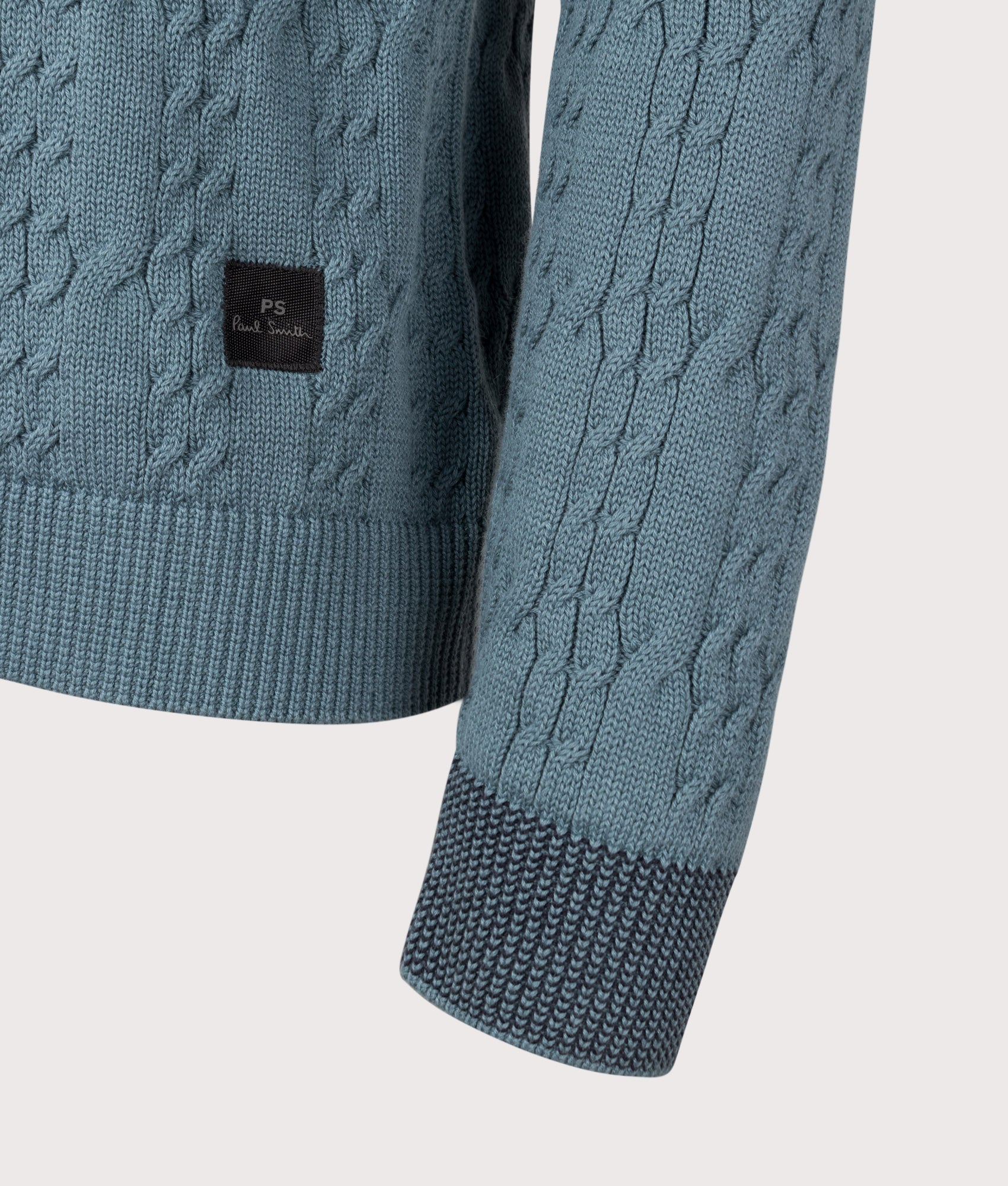 PS Paul Smith Cable Knit Zip Through Cardigan in Greyish Blue at EQVVS Menswear. Detail shot.