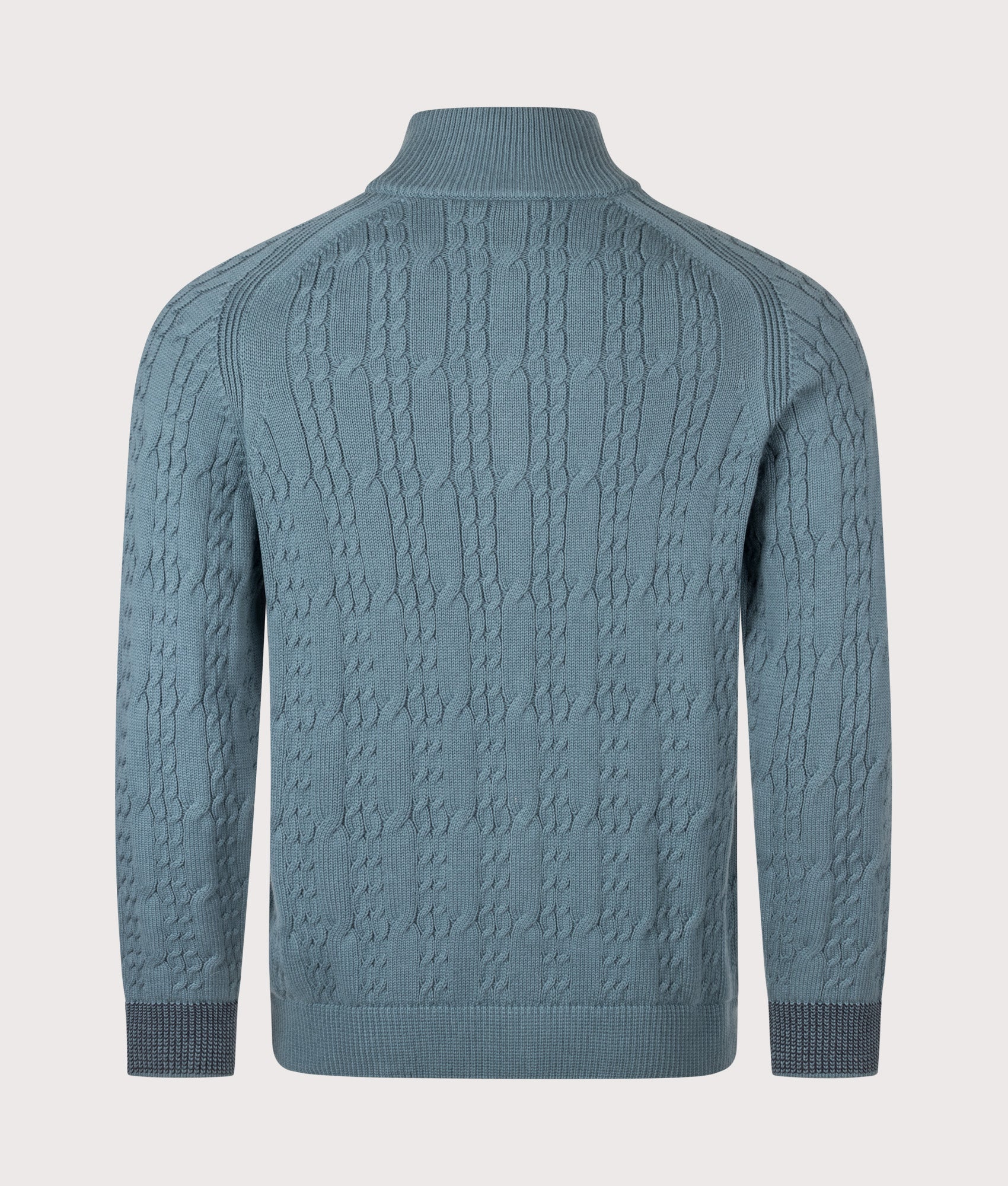 PS Paul Smith Cable Knit Zip Through Cardigan in Greyish Blue at EQVVS Menswear. Back shot.