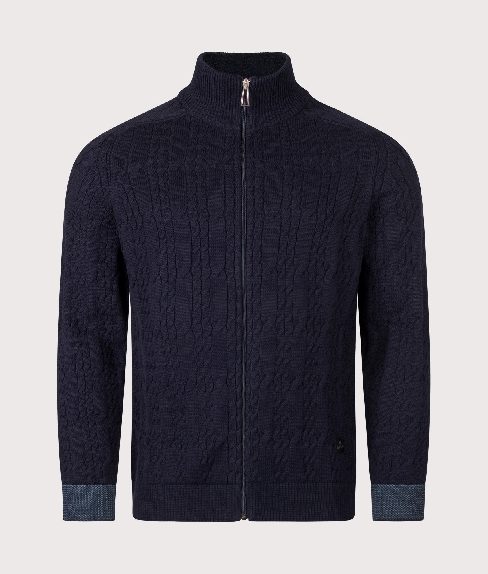 PS Paul Smith Cable Knit Zip Through Cardigan in Very Dark Navy at EQVVS Menswear. Front shot.