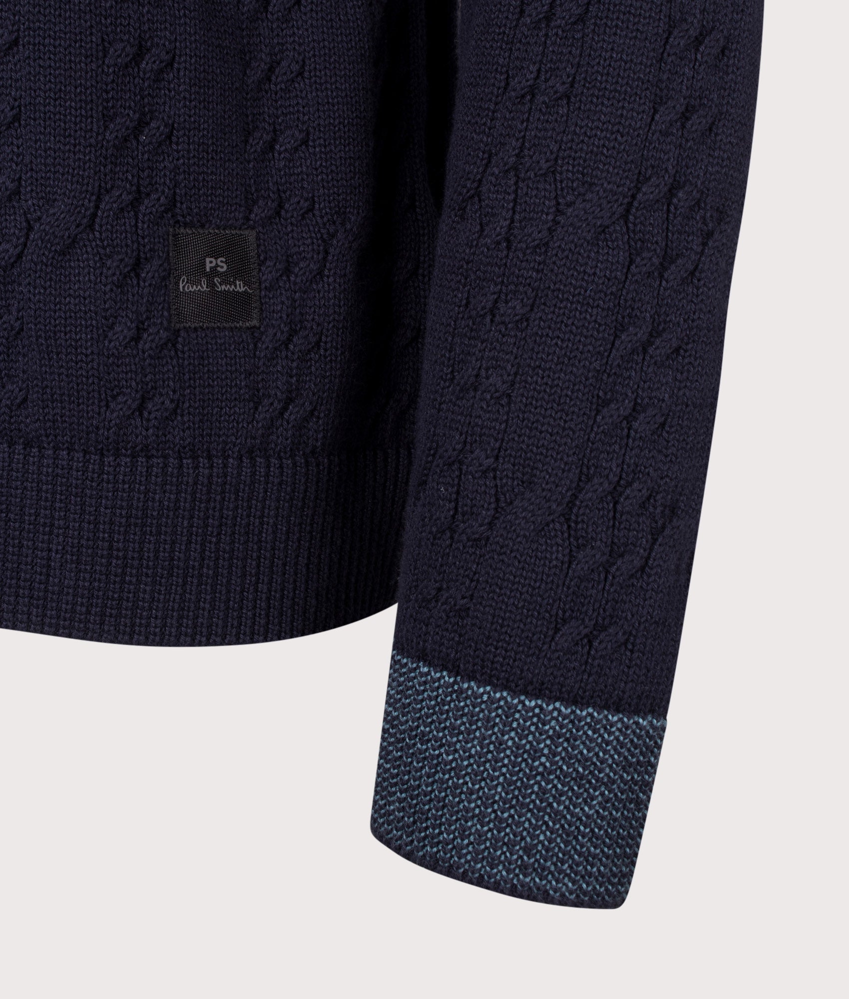PS Paul Smith Cable Knit Zip Through Cardigan in Very Dark Navy at EQVVS Menswear. Detail shot.