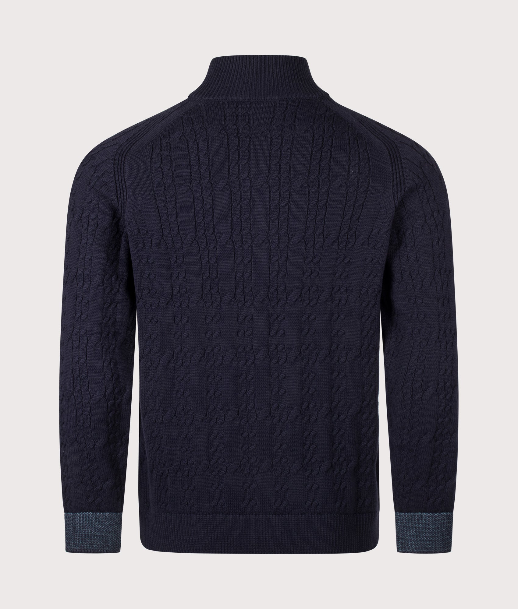 PS Paul Smith Cable Knit Zip Through Cardigan in Very Dark Navy at EQVVS Menswear. Back shot.