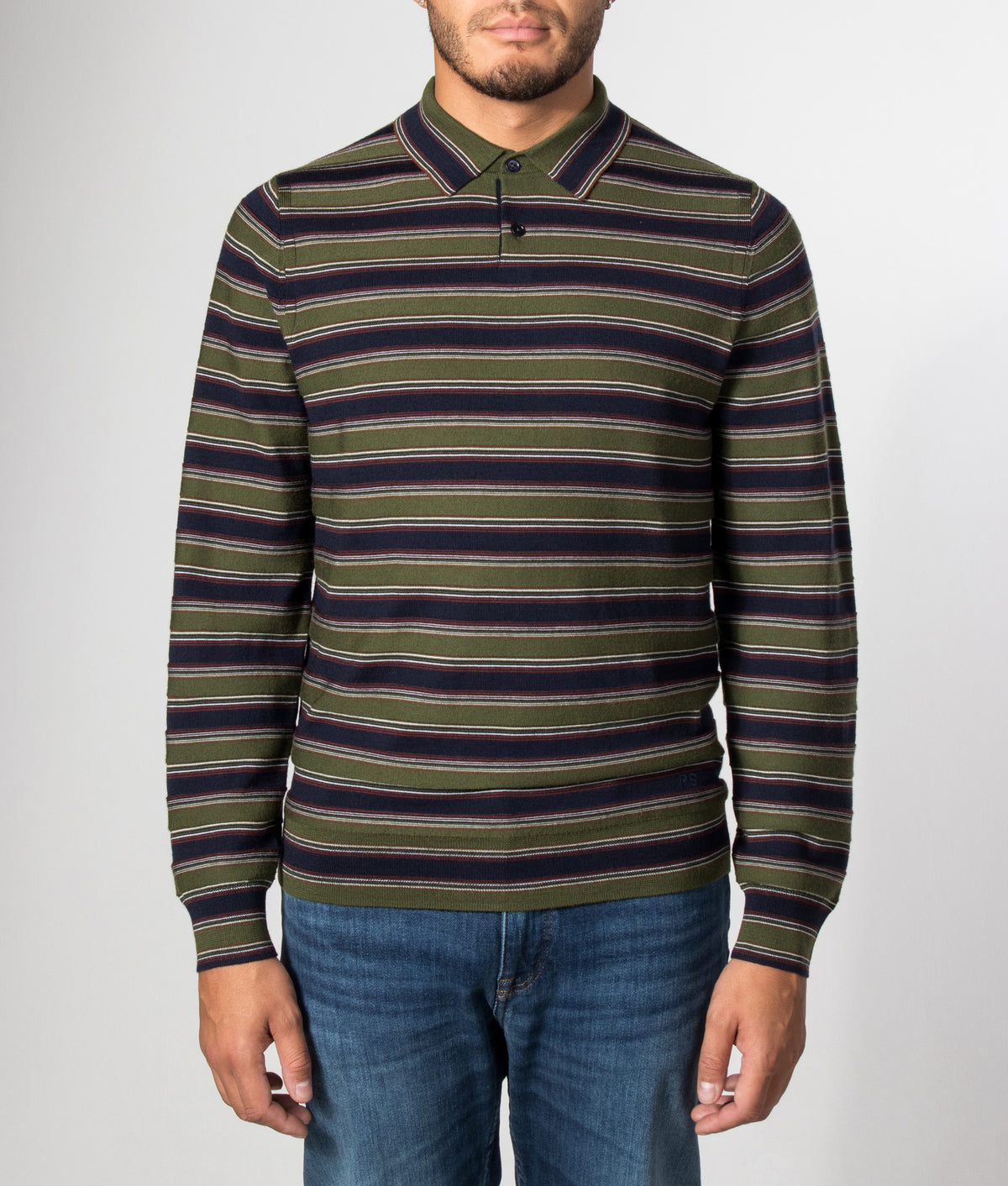 PS Paul Smith Regular Fit Striped Merino Long Sleeve Polo Shirt in Green at EQVVS Menswear. Model front shot.
