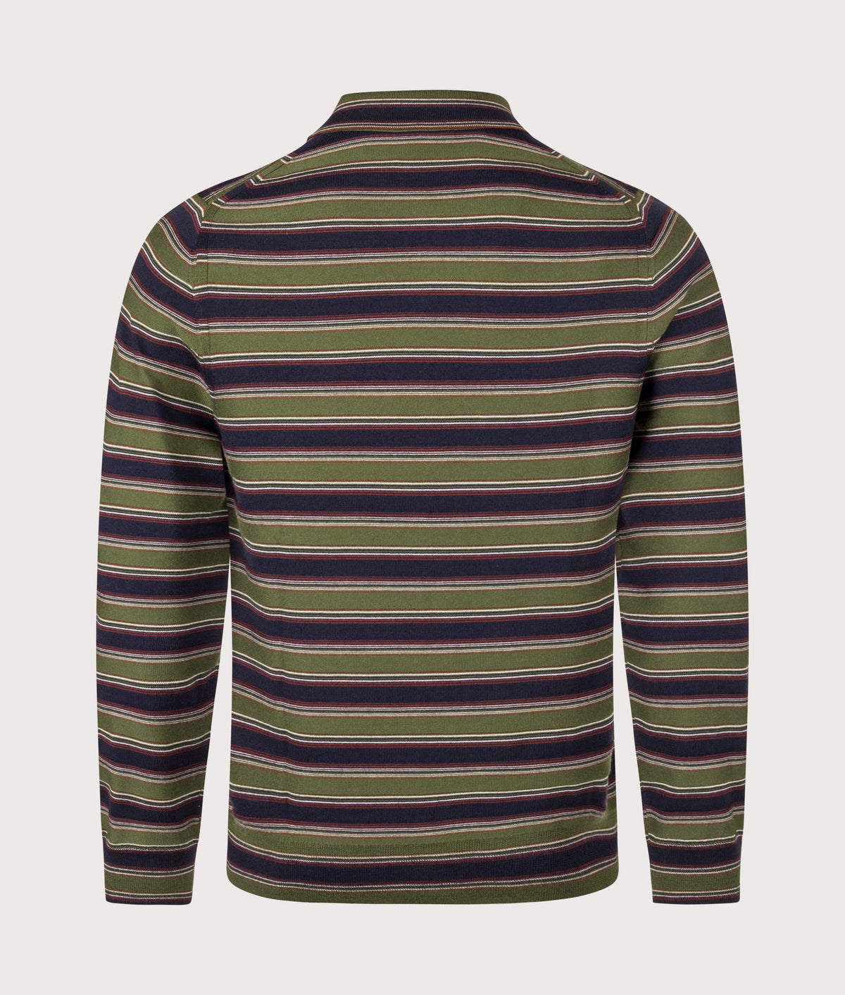 PS Paul Smith Regular Fit Striped Merino Long Sleeve Polo Shirt in Green at EQVVS Menswear. Back shot.