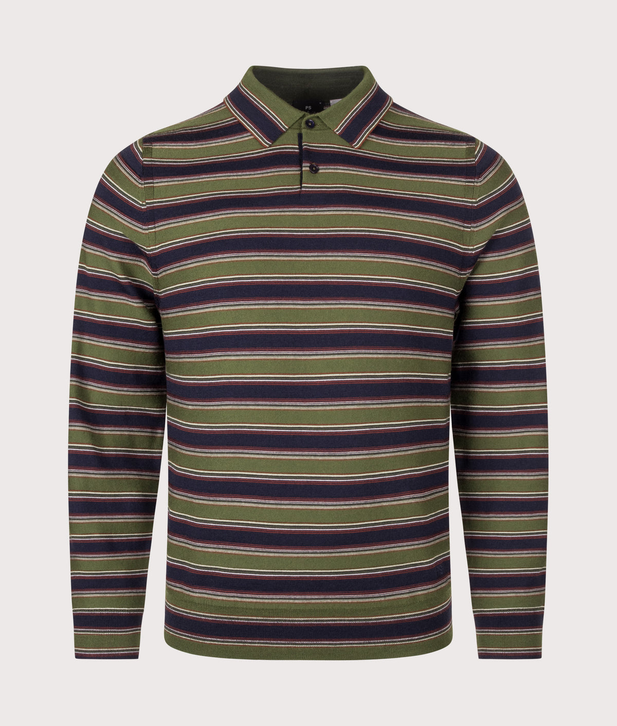 PS Paul Smith Regular Fit Striped Merino Long Sleeve Polo Shirt in Green at EQVVS Menswear. Front shot.
