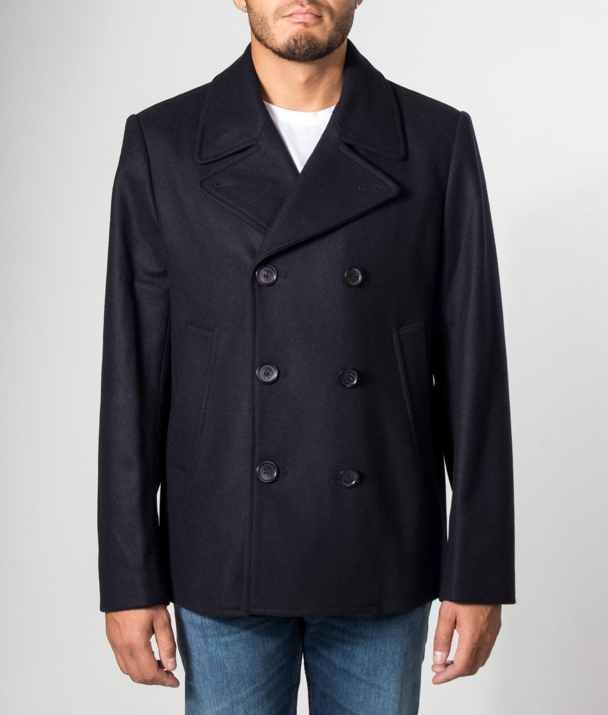 PS Paul Smith Pea Coat in Very Dark Navy at EQVVS Menswear. Model front shot.