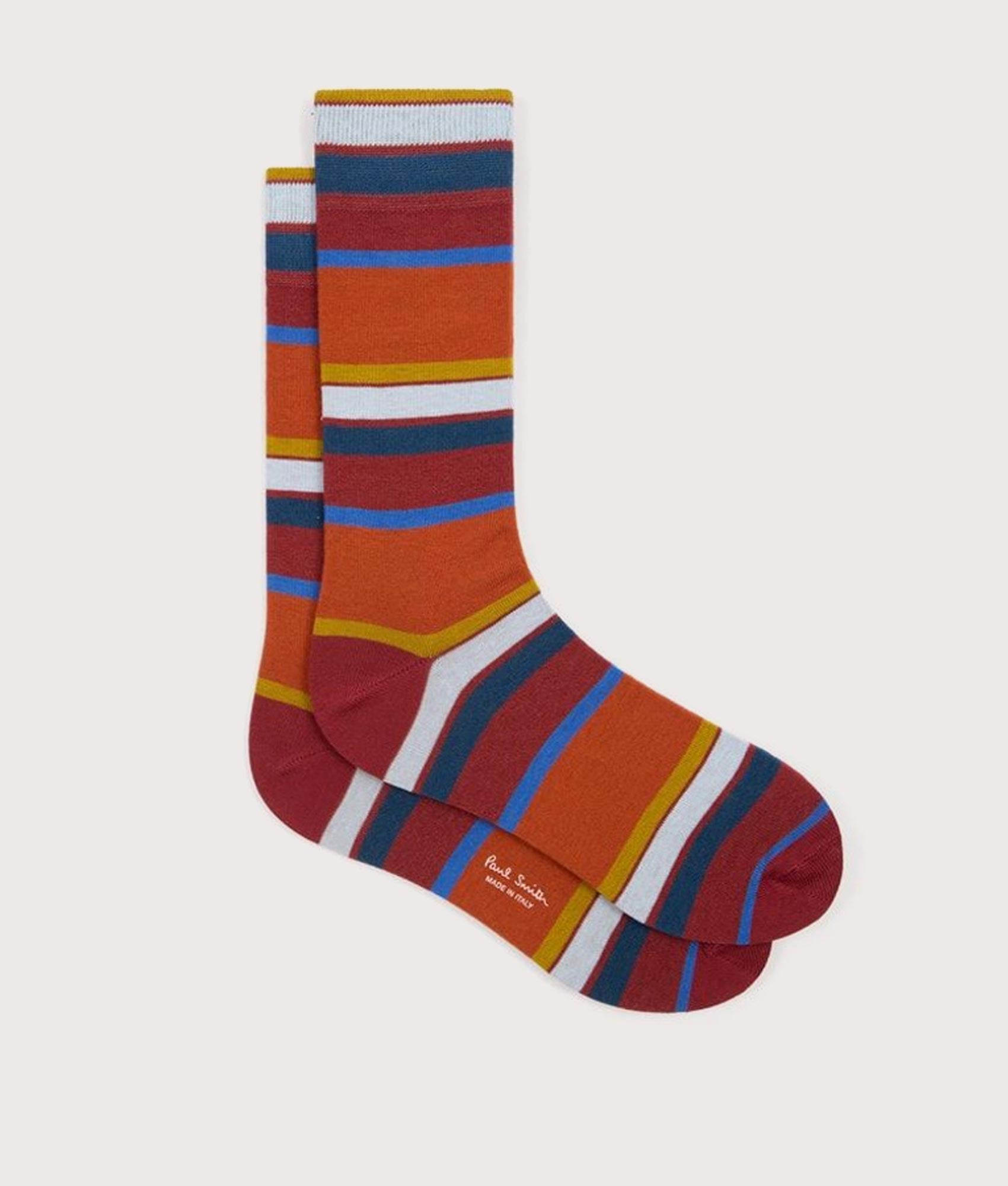 PS Paul Smith PS Stripe Socks in Orange at EQVVS Menswear. Side shot.