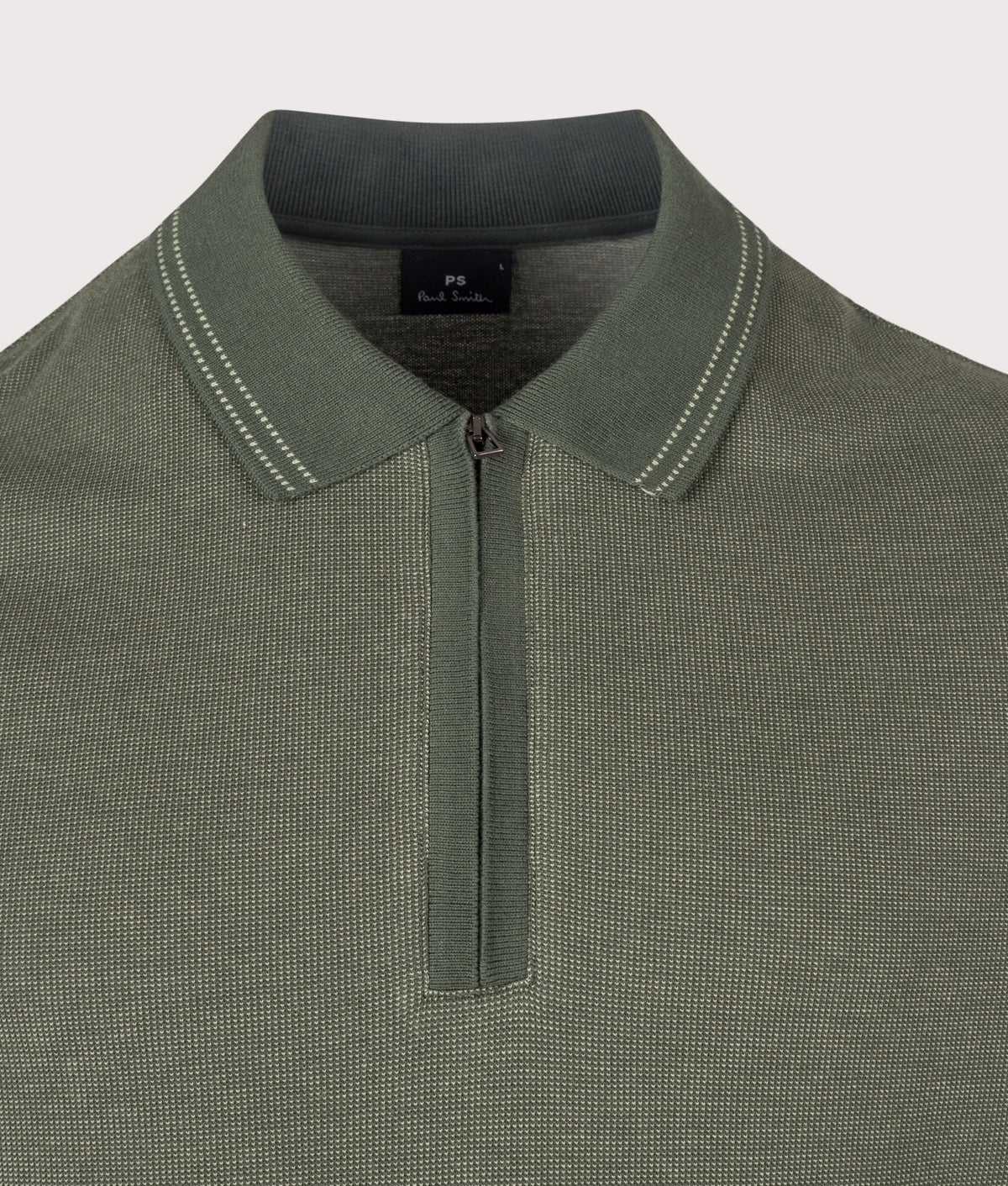 PS Paul Smith Regular Fit Quarter Zip Polo Shirt in Bottle Green at EQVVS Menswear. Detail shot.