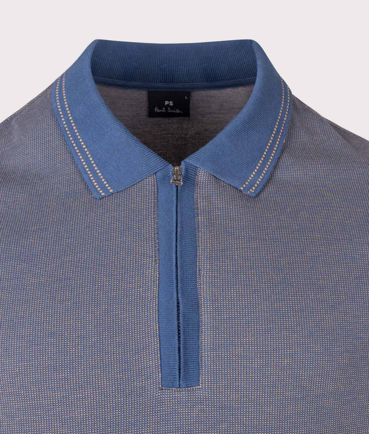 PS Paul Smith Regular Fit Quarter Zip Polo Shirt in Indigo at EQVVS Menswear. Detail shot.
