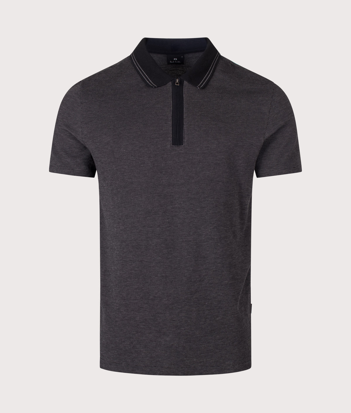 PS Paul Smith Regular Fit Quarter Zip Polo Shirt in Black at EQVVS Menswear. Front shot.
