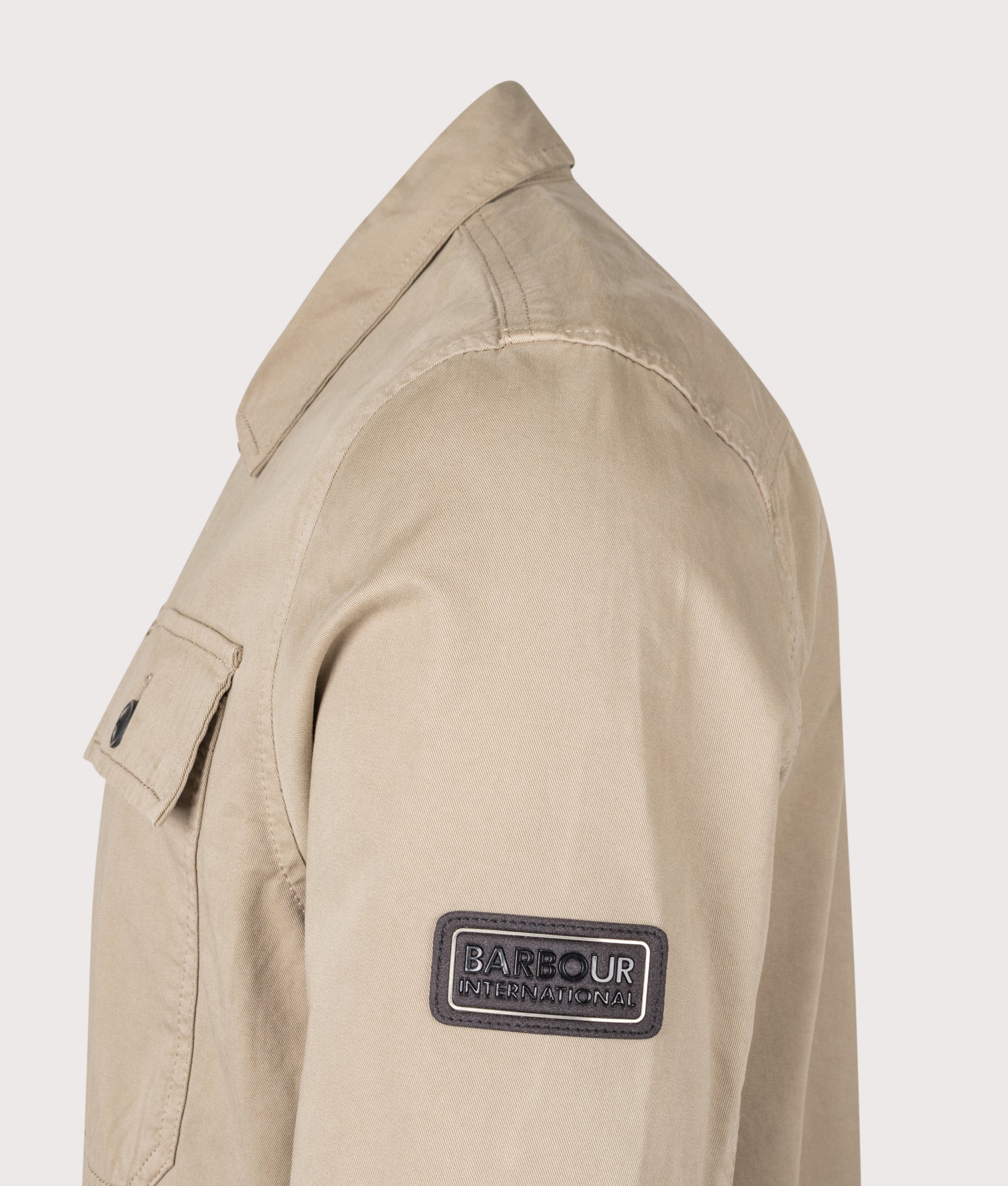 Barbour B.Intl Arlo Overshirt in Coriander at EQVVS Menswear. Detail shot.