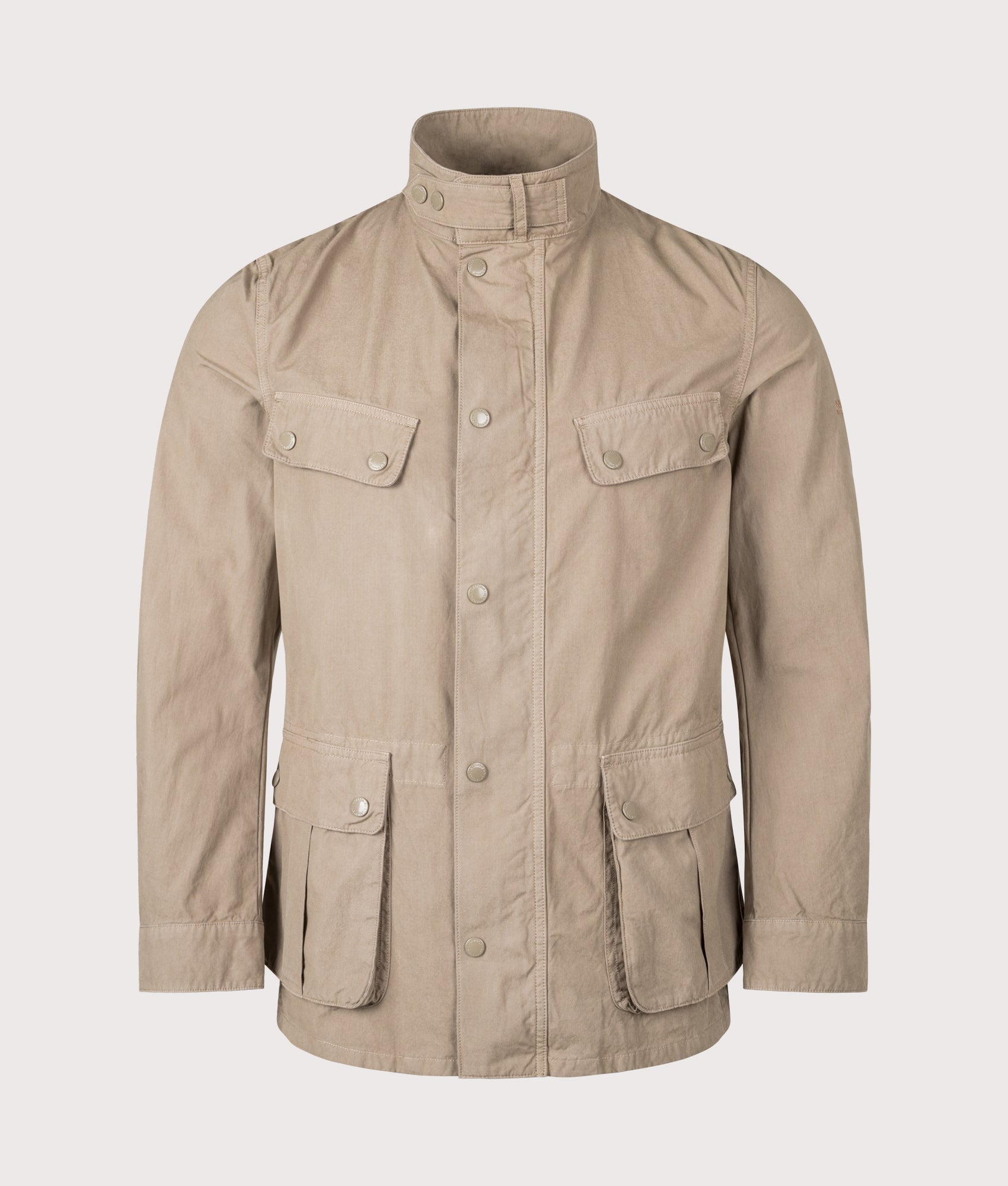 Barbour B.Intl Garment Dyed Duke Casual Jacket in Timberwolf at EQVVS Menswear. Front shot.