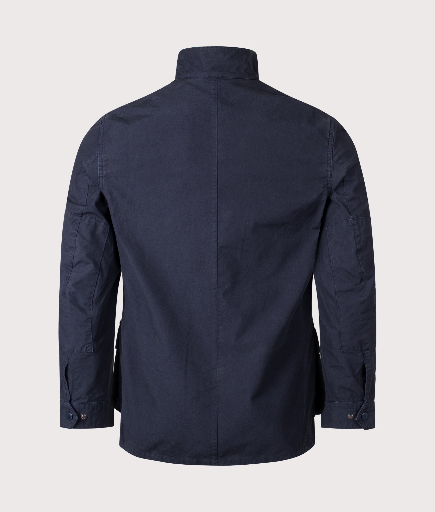 Barbour B.Intl Garment Dyed Duke Casual Jacket in Navy at EQVVS Menswear. Back shot. 