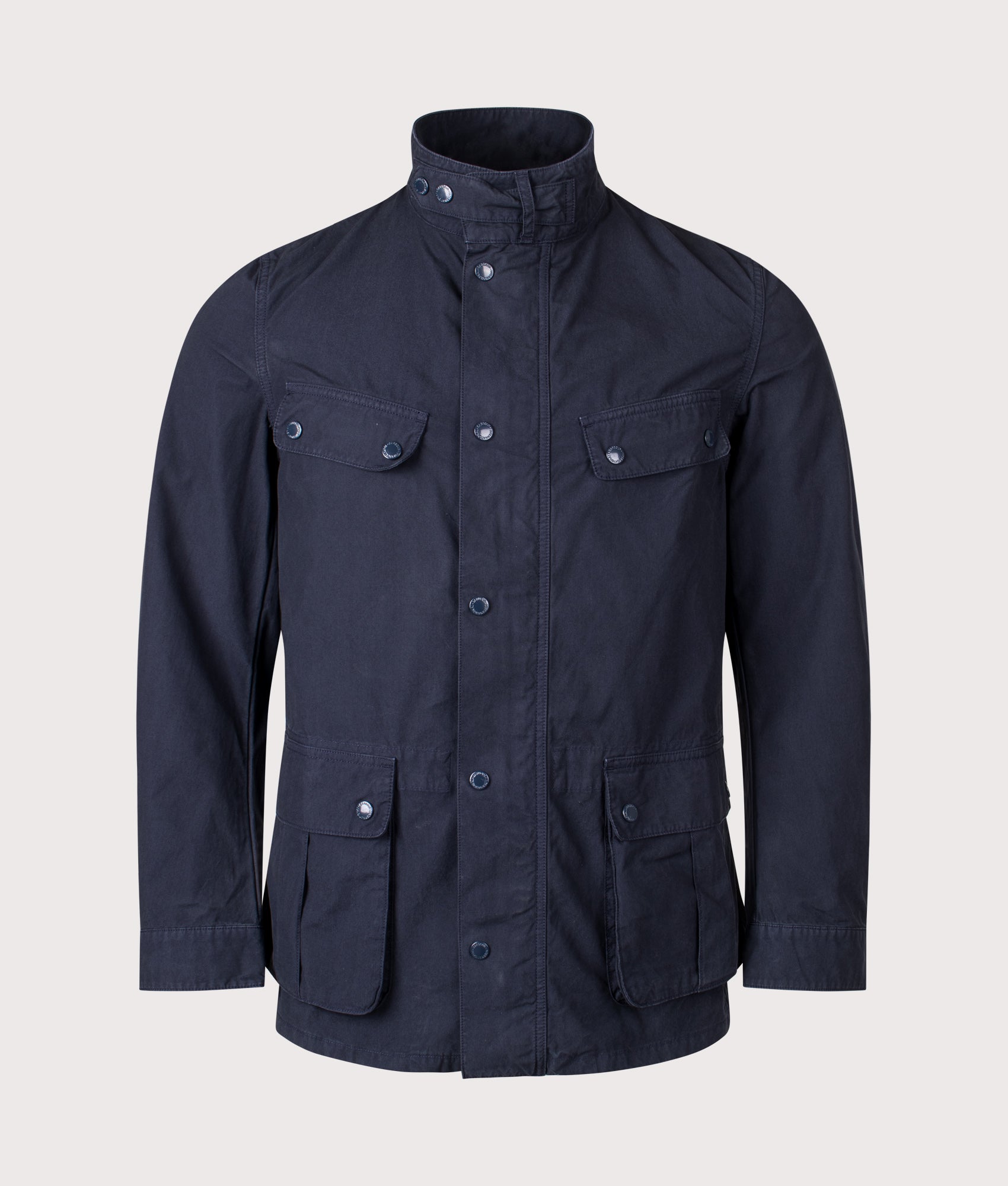 Barbour B.Intl Garment Dyed Duke Casual Jacket in Navy at EQVVS Menswear. Front shot.