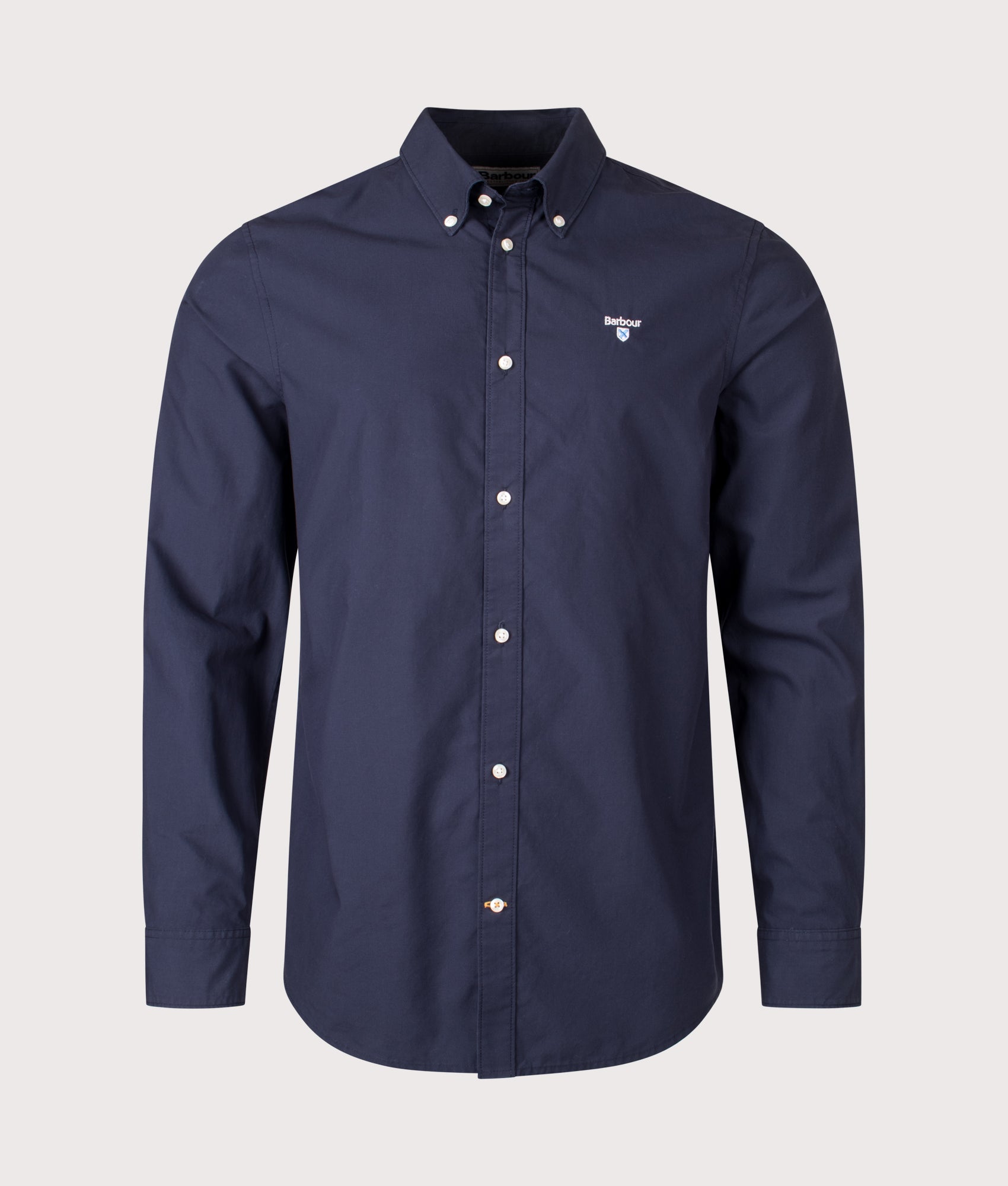Barbour Treeport Poplin Shirt in Navy at EQVVS Menswear. Front shot.