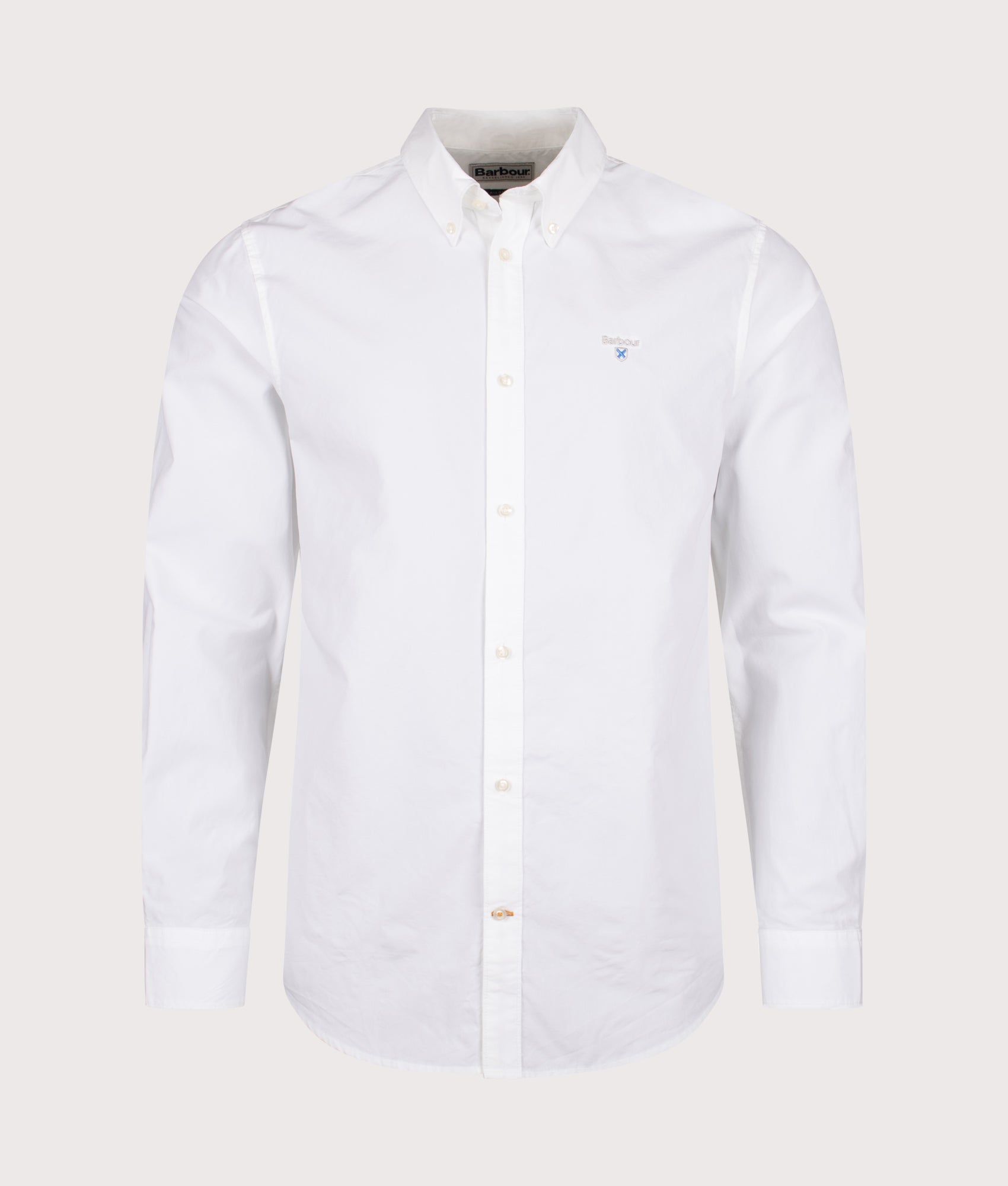 Barbour Treeport Poplin Shirt in White at EQVVS Menswear. Front shot.