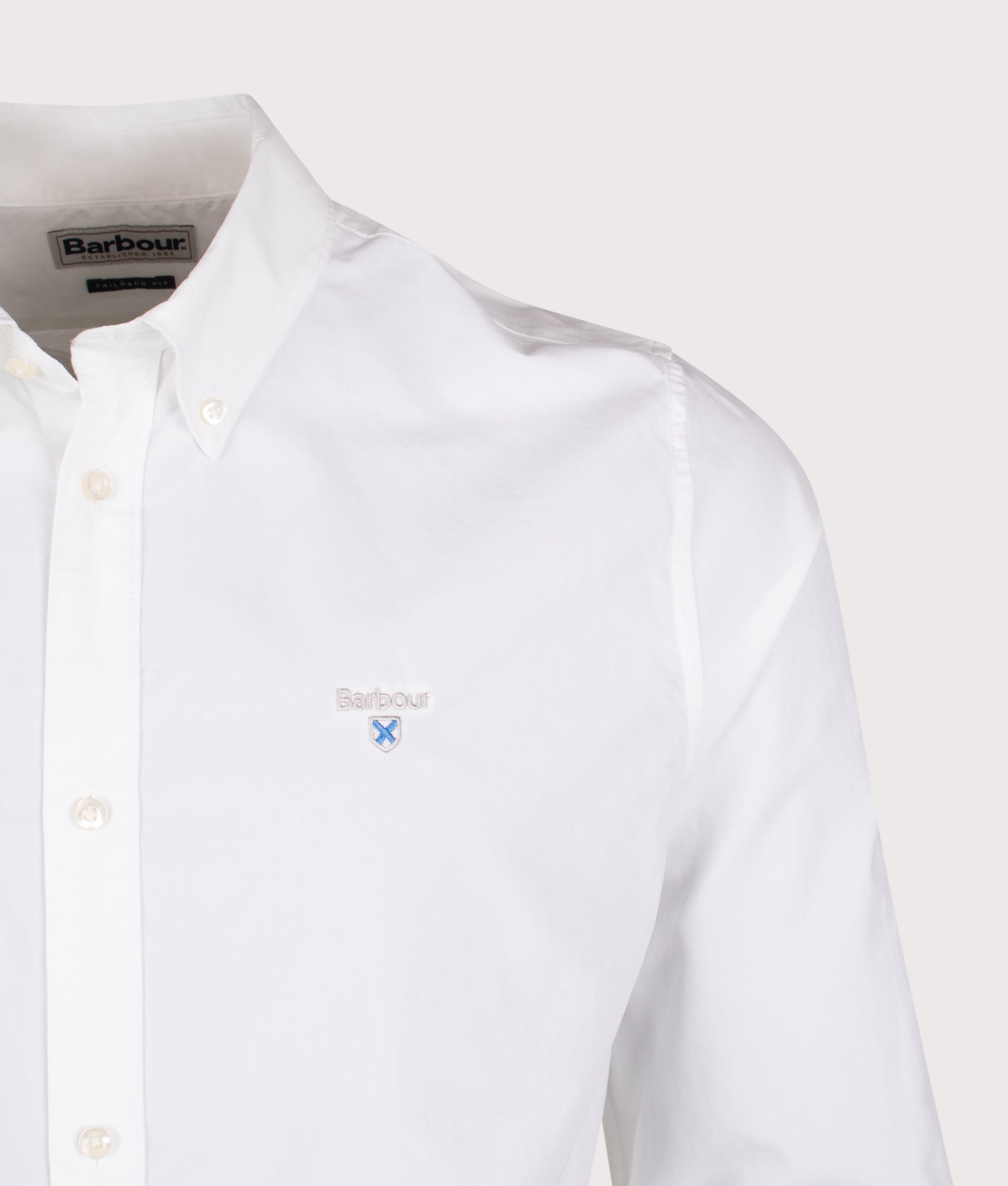 Barbour Treeport Poplin Shirt in White at EQVVS Menswear. Detail shot.
